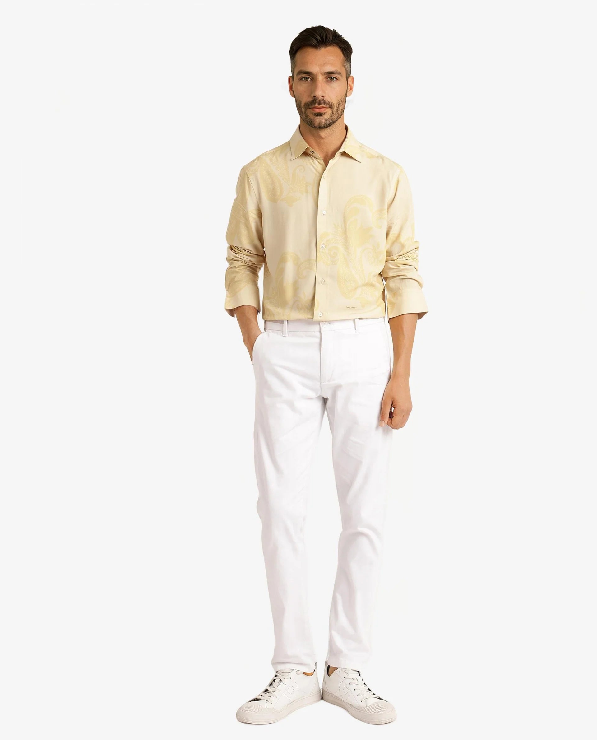 Rare Rabbit Men Koigi Dusky Yellow Viscose Fabric Full Sleeve Regular Paisley Printed Shirt