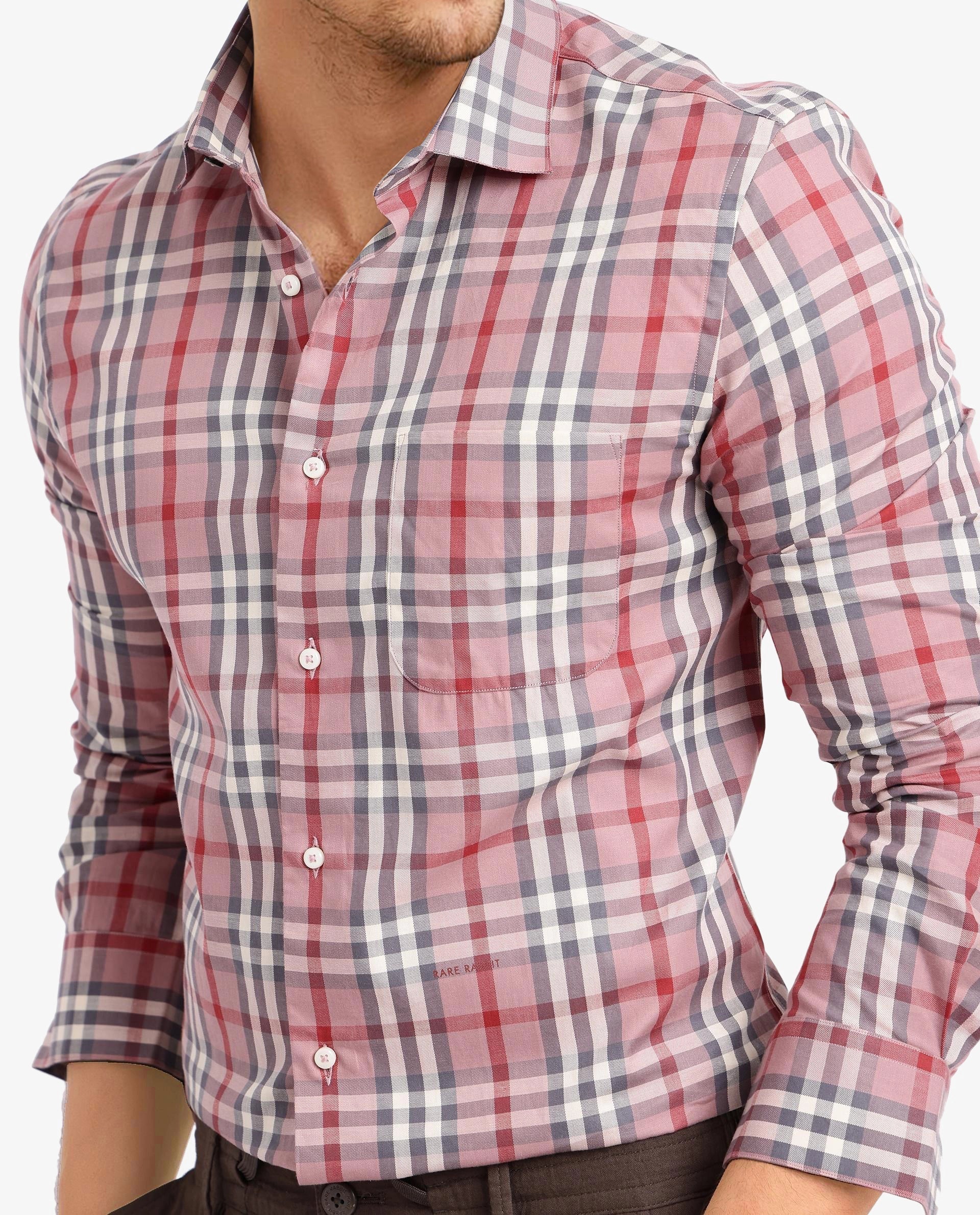 Rare Rabbit Men Kolt Red Cotton Fabric Full Sleeve Regular Fit Twill Check Shirt