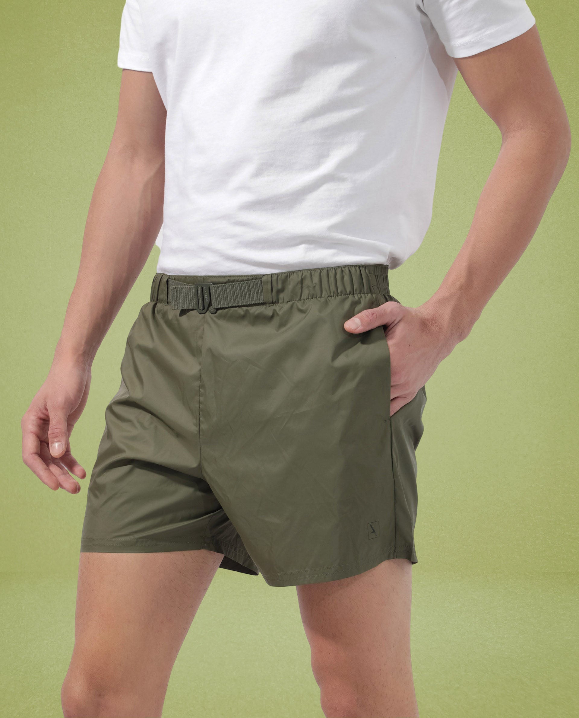 Rare Rabbit Men's Kort Green Polyester Fabric Buckle Fastening Regular Fit Solid Shorts