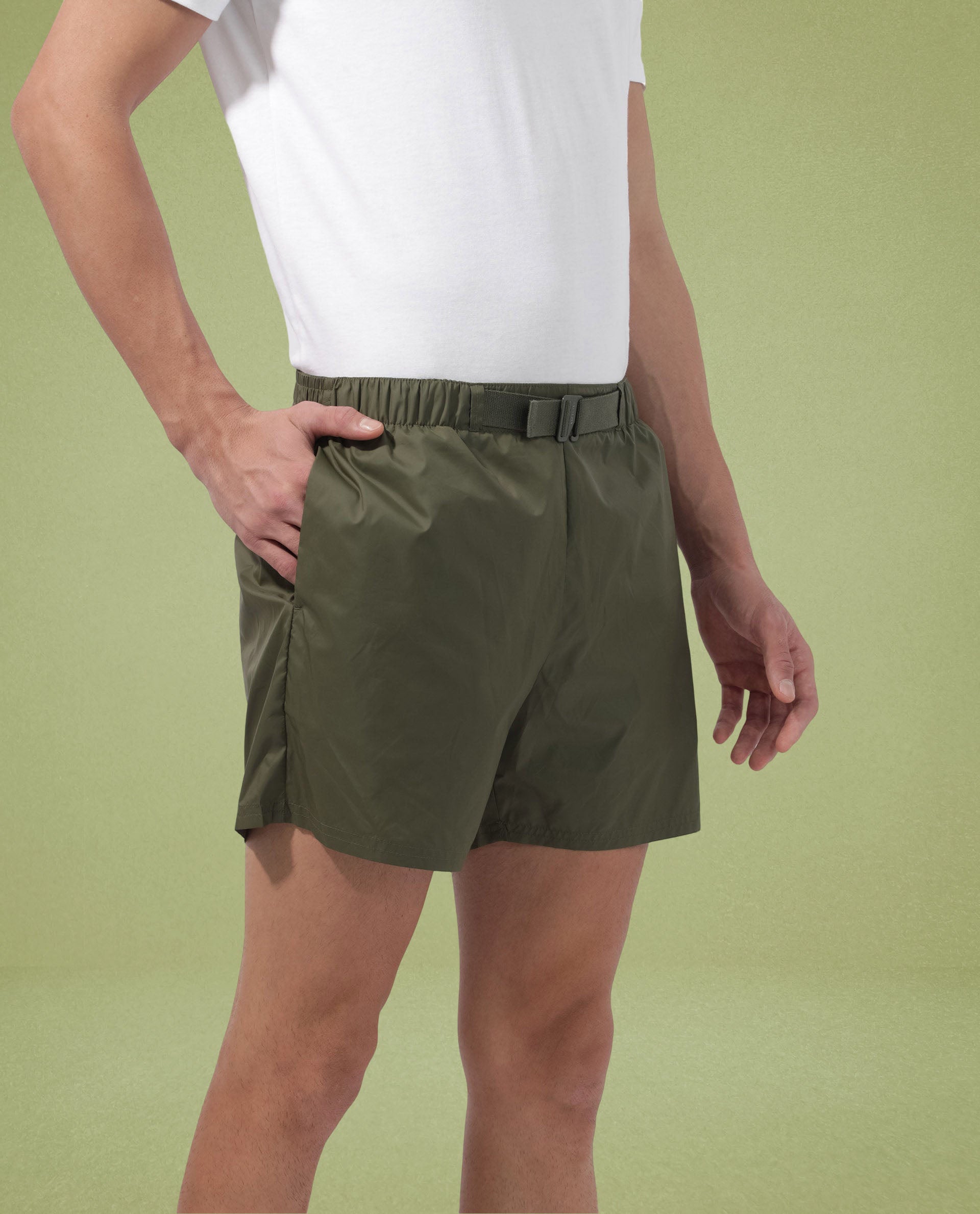 Rare Rabbit Men's Kort Green Polyester Fabric Buckle Fastening Regular Fit Solid Shorts