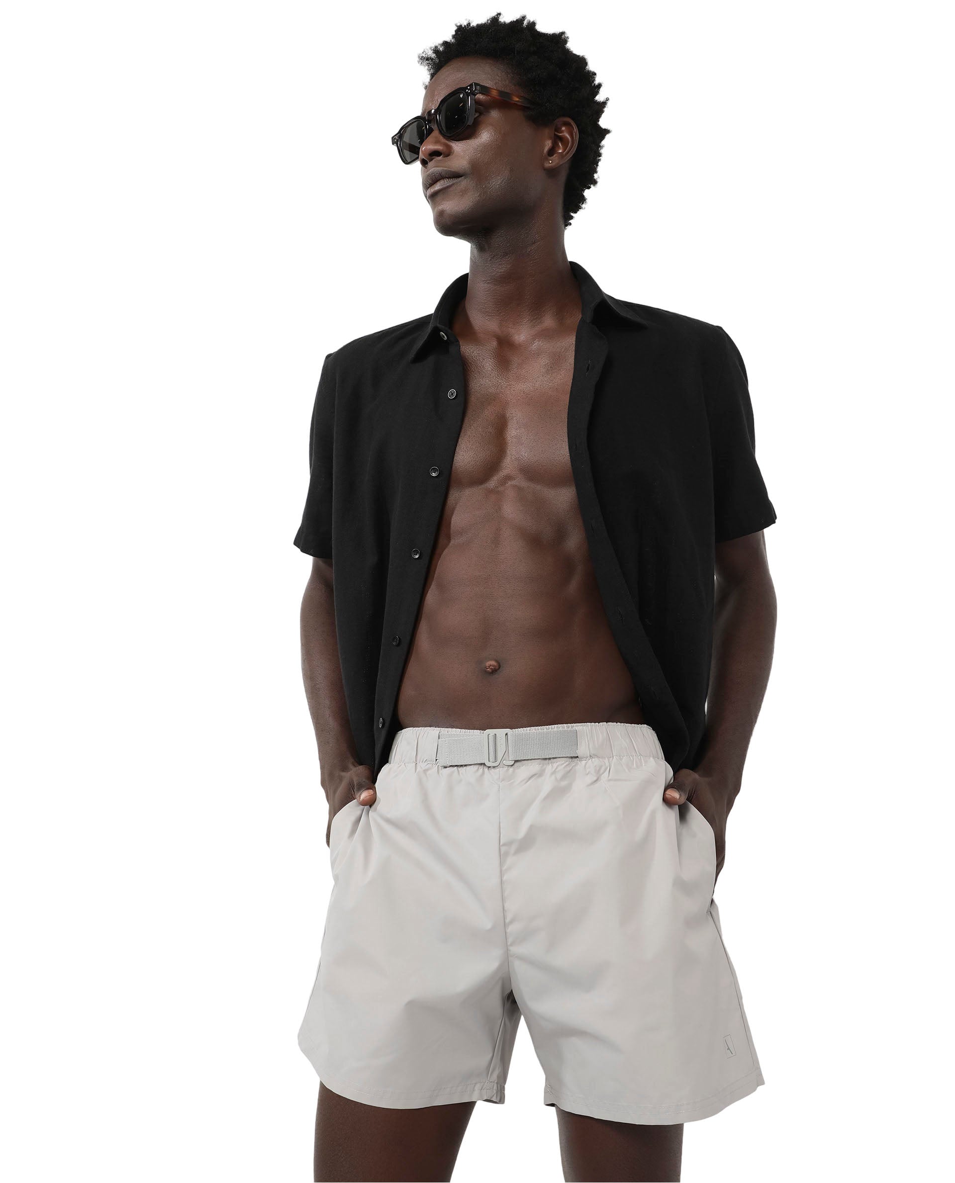 Rare Rabbit Men's Kort Grey Polyester Fabric Buckle Fastening Regular Fit Solid Shorts