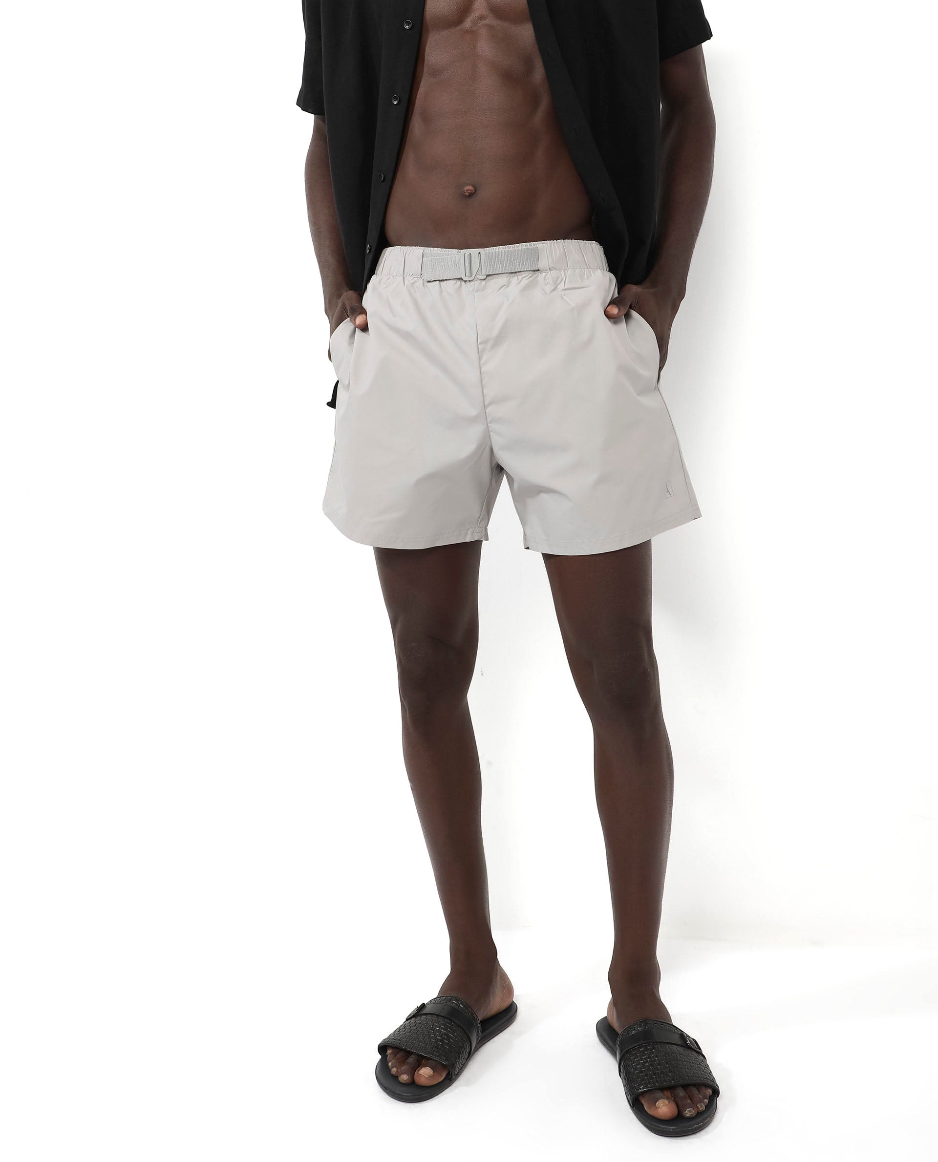 Rare Rabbit Men's Kort Grey Polyester Fabric Buckle Fastening Regular Fit Solid Shorts