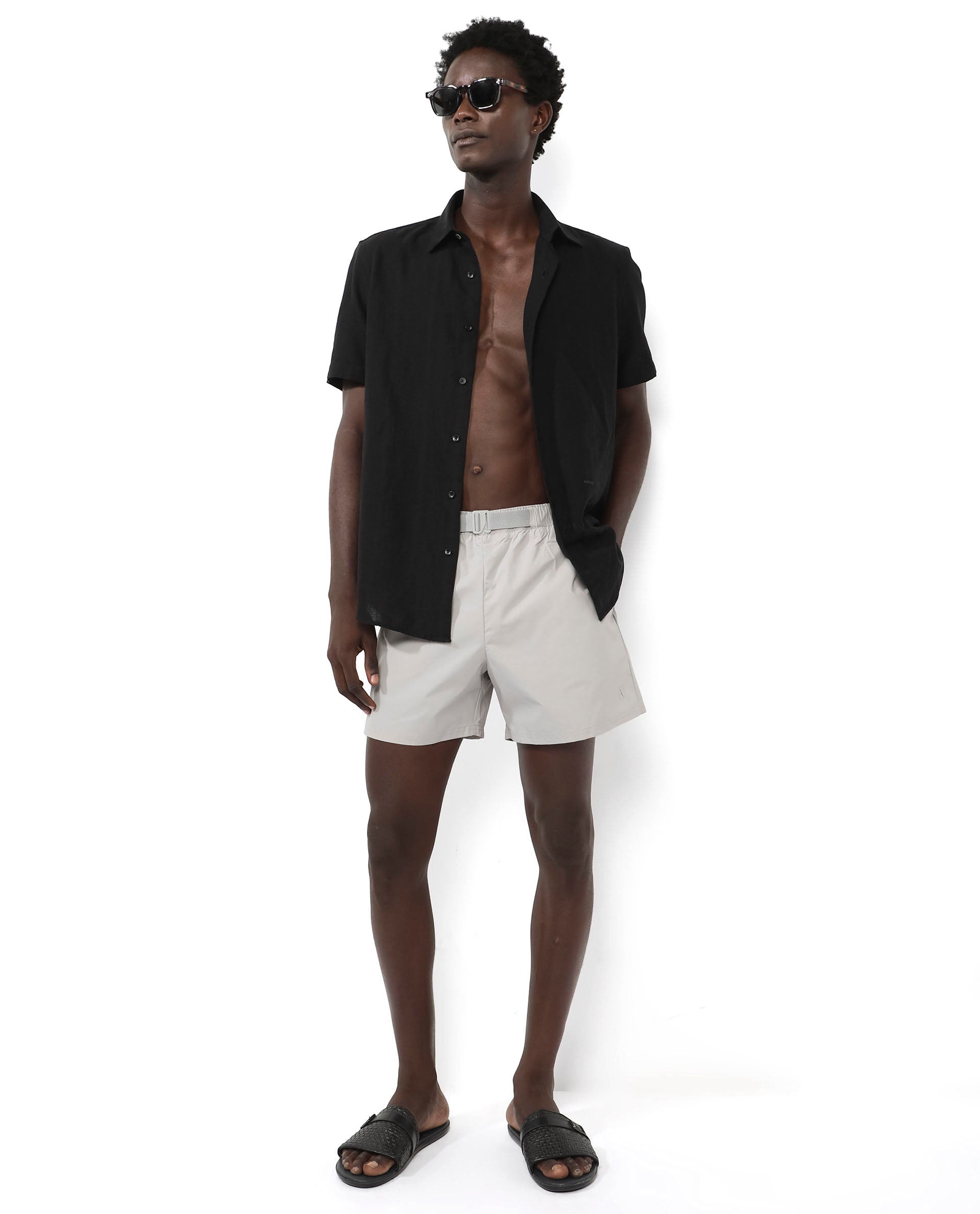 Rare Rabbit Men's Kort Grey Polyester Fabric Buckle Fastening Regular Fit Solid Shorts