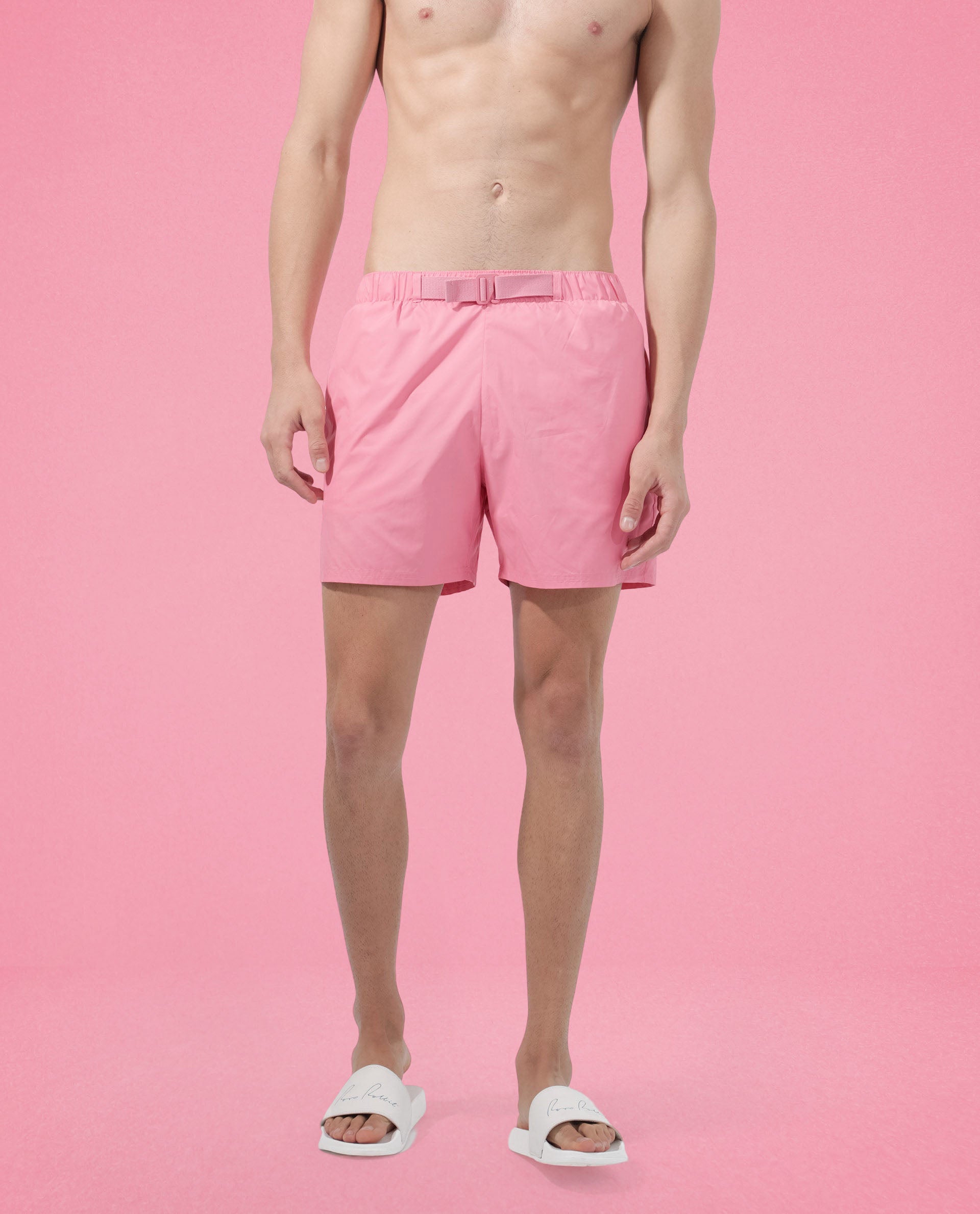 Rare Rabbit Men's Kort Light Pink Polyester Fabric Buckle Fastening Regular Fit Solid Shorts