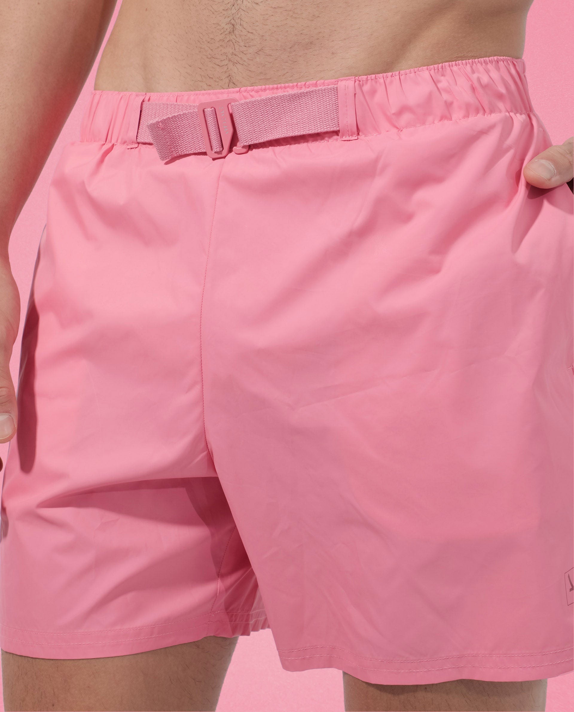 Rare Rabbit Men's Kort Light Pink Polyester Fabric Buckle Fastening Regular Fit Solid Shorts