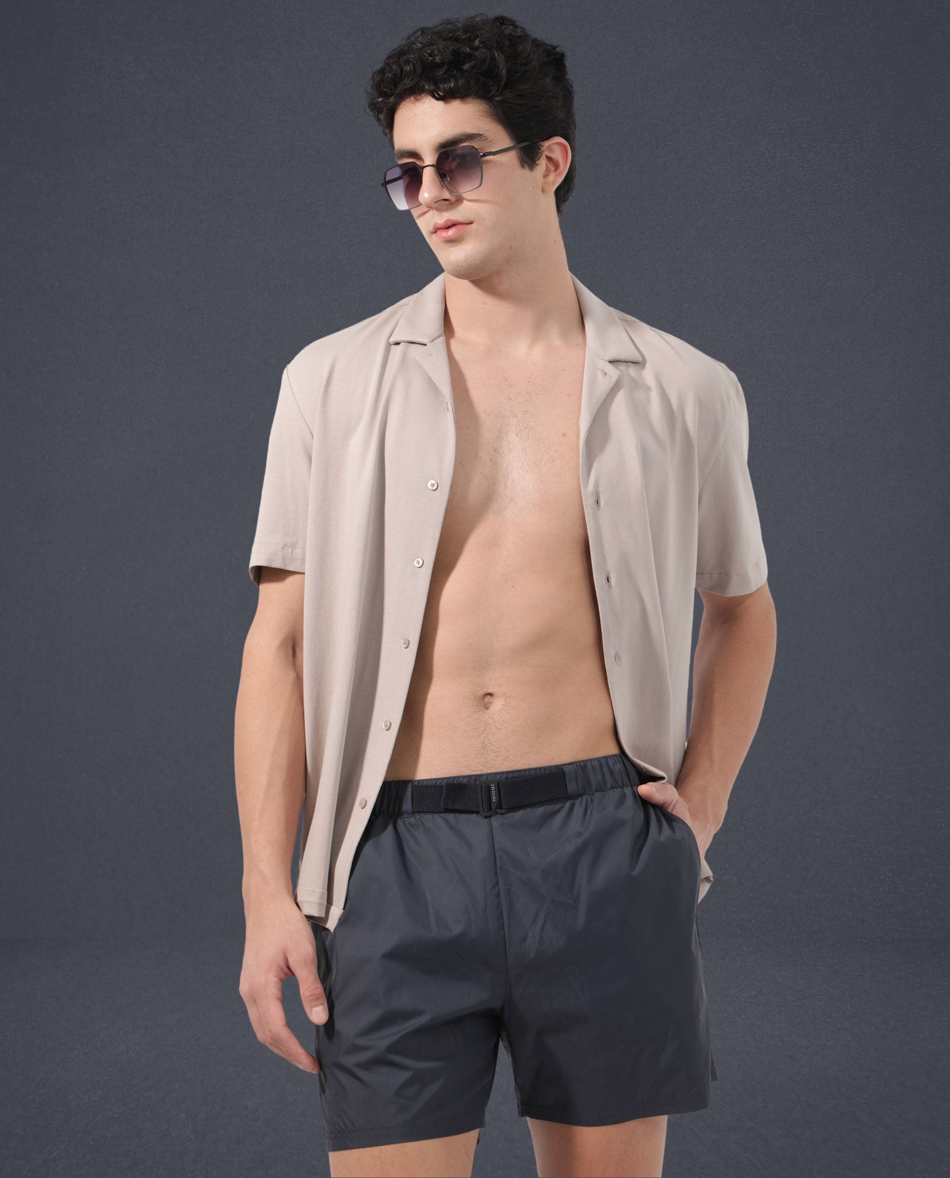 Rare Rabbit Men's Kort Navy Polyester Fabric Buckle Fastening Regular Fit Solid Shorts