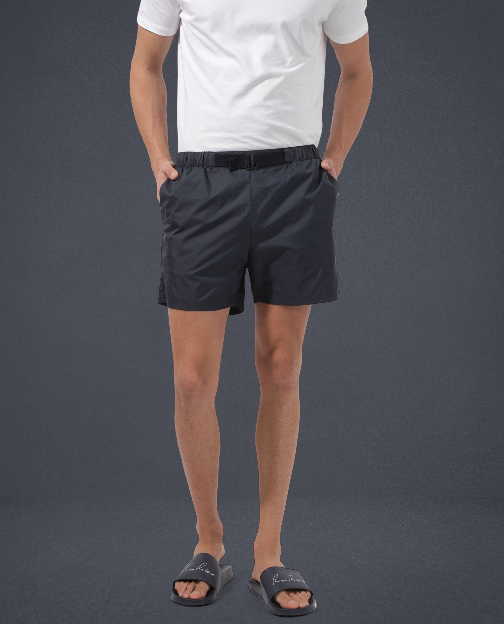 Rare Rabbit Men's Kort Navy Polyester Fabric Buckle Fastening Regular Fit Solid Shorts