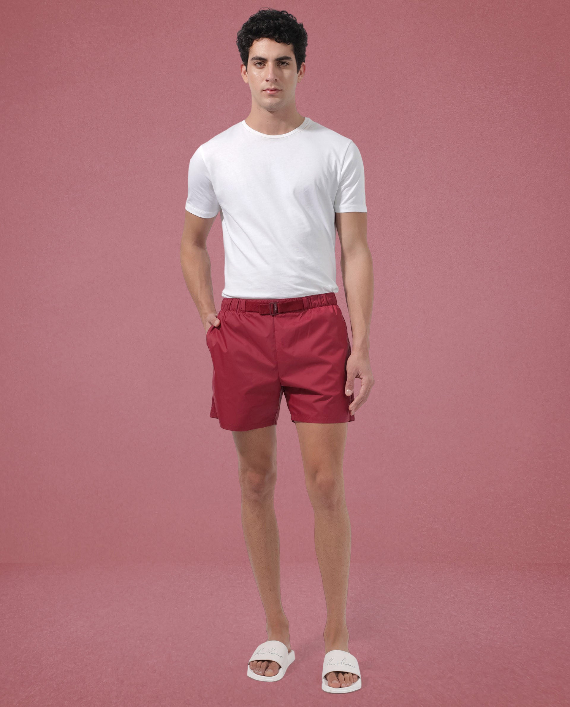 Rare Rabbit Men's Kort Red Polyester Fabric Buckle Fastening Regular Fit Solid Shorts