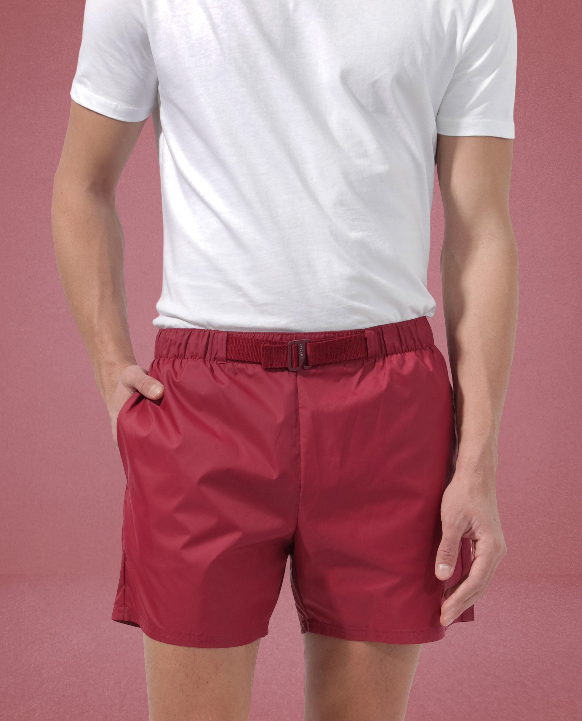 Rare Rabbit Men's Kort Red Polyester Fabric Buckle Fastening Regular Fit Solid Shorts