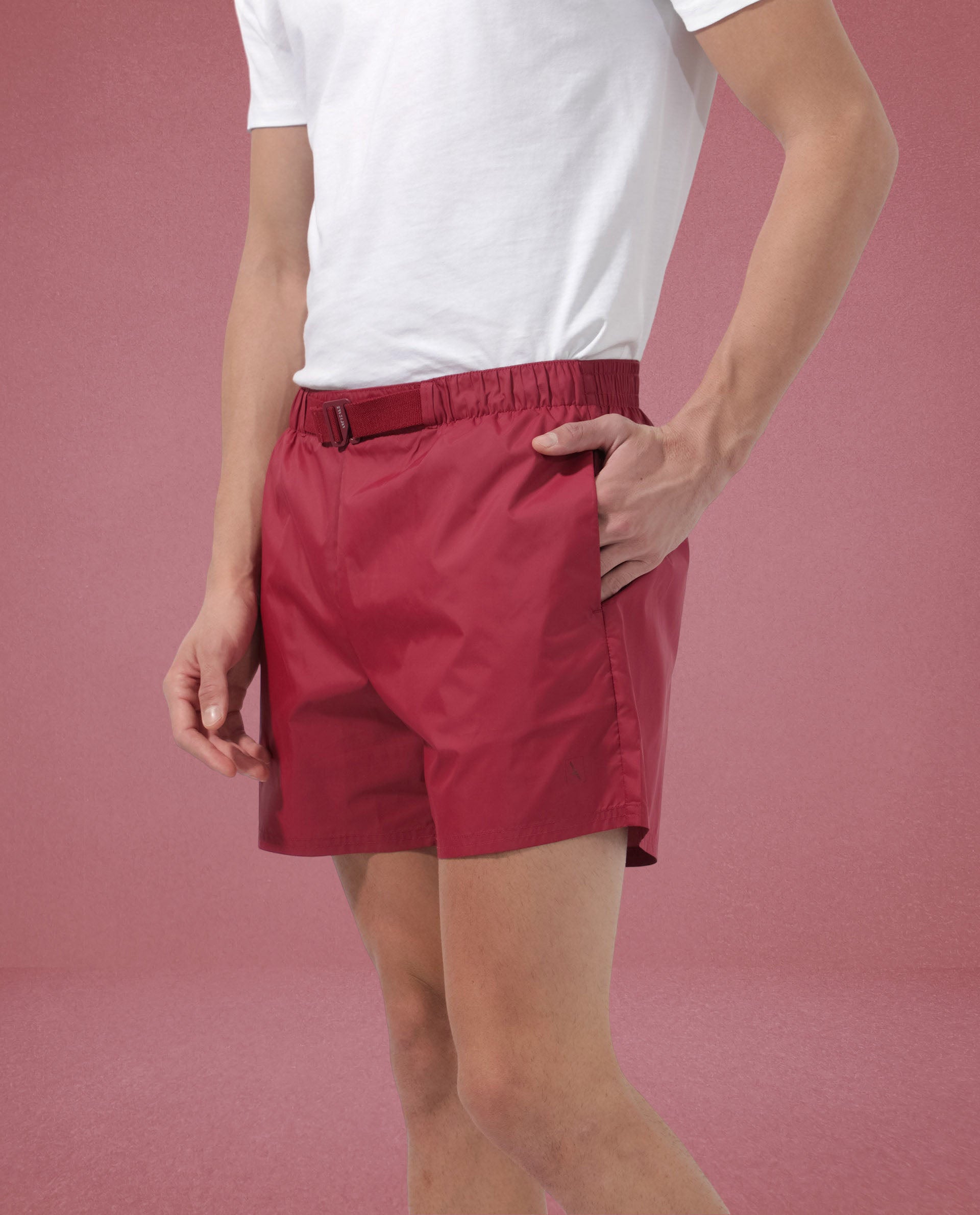 Rare Rabbit Men's Kort Red Polyester Fabric Buckle Fastening Regular Fit Solid Shorts