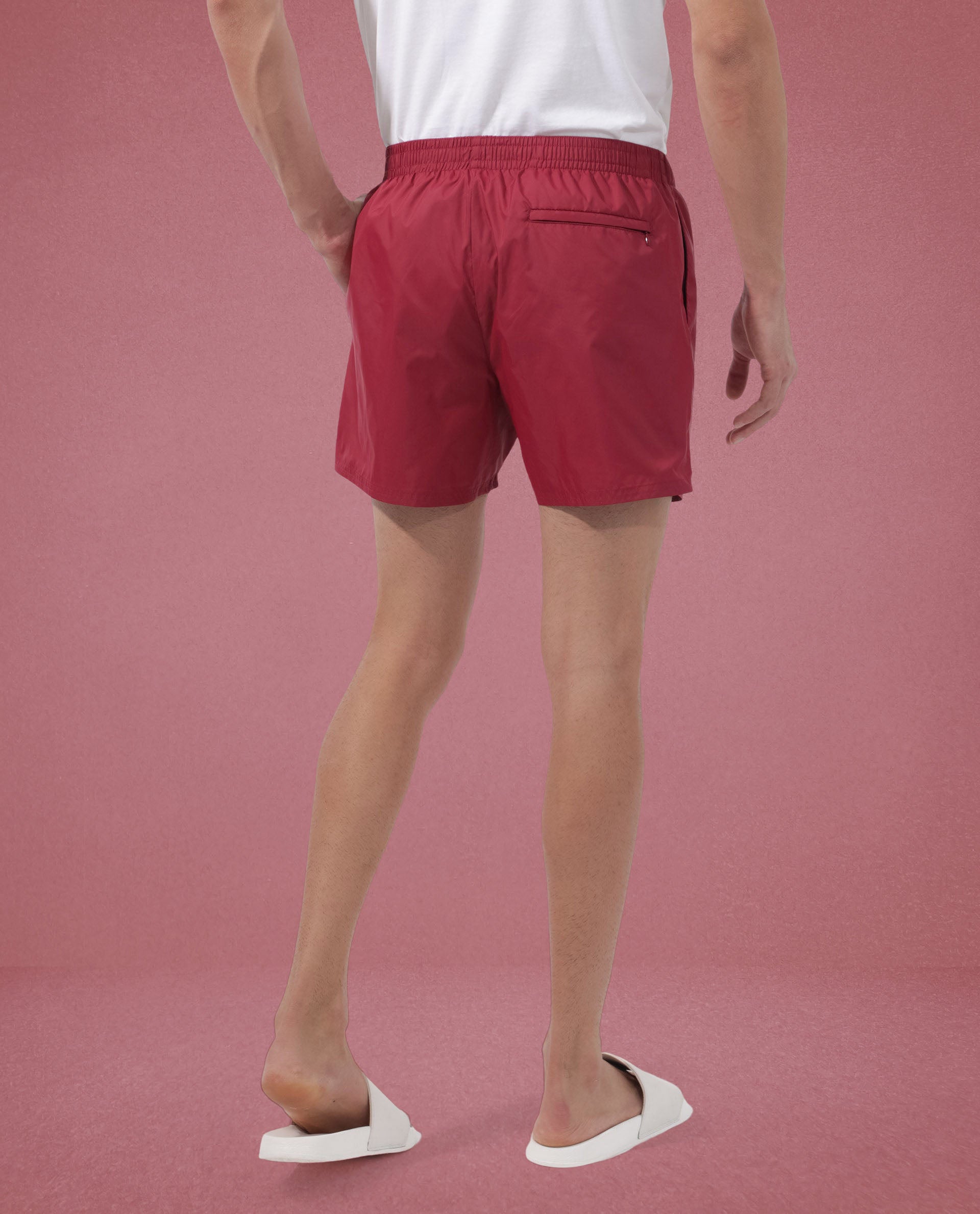 Rare Rabbit Men's Kort Red Polyester Fabric Buckle Fastening Regular Fit Solid Shorts