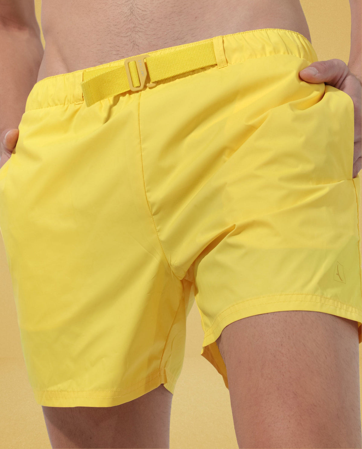 Rare Rabbit Men's Kort Yellow Polyester Fabric Buckle Fastening Regular Fit Solid Shorts