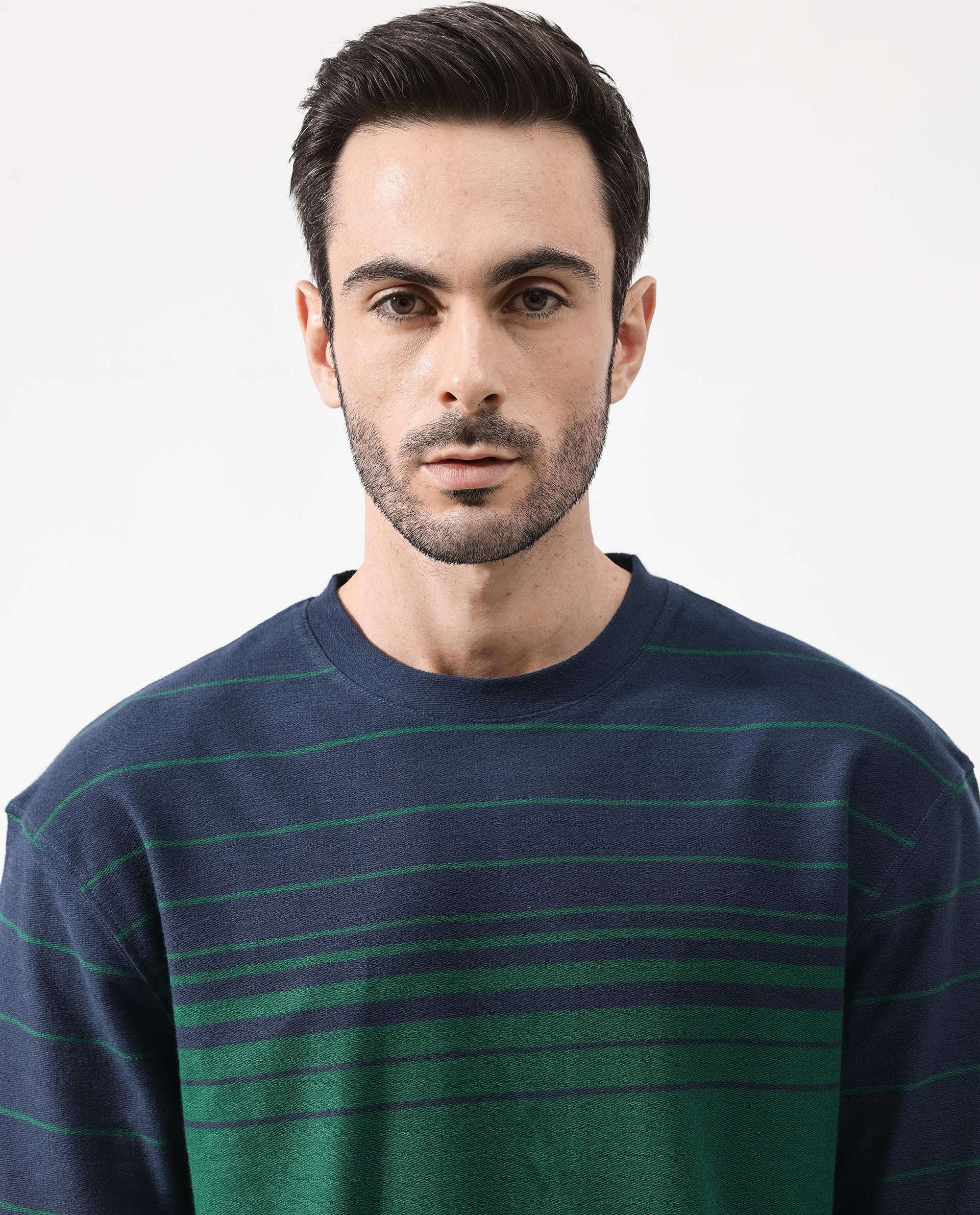 Rare Rabbit Mens Kot Navy Cotton Fabric Short Sleeves Oversized Fit Stripe T-Shirt