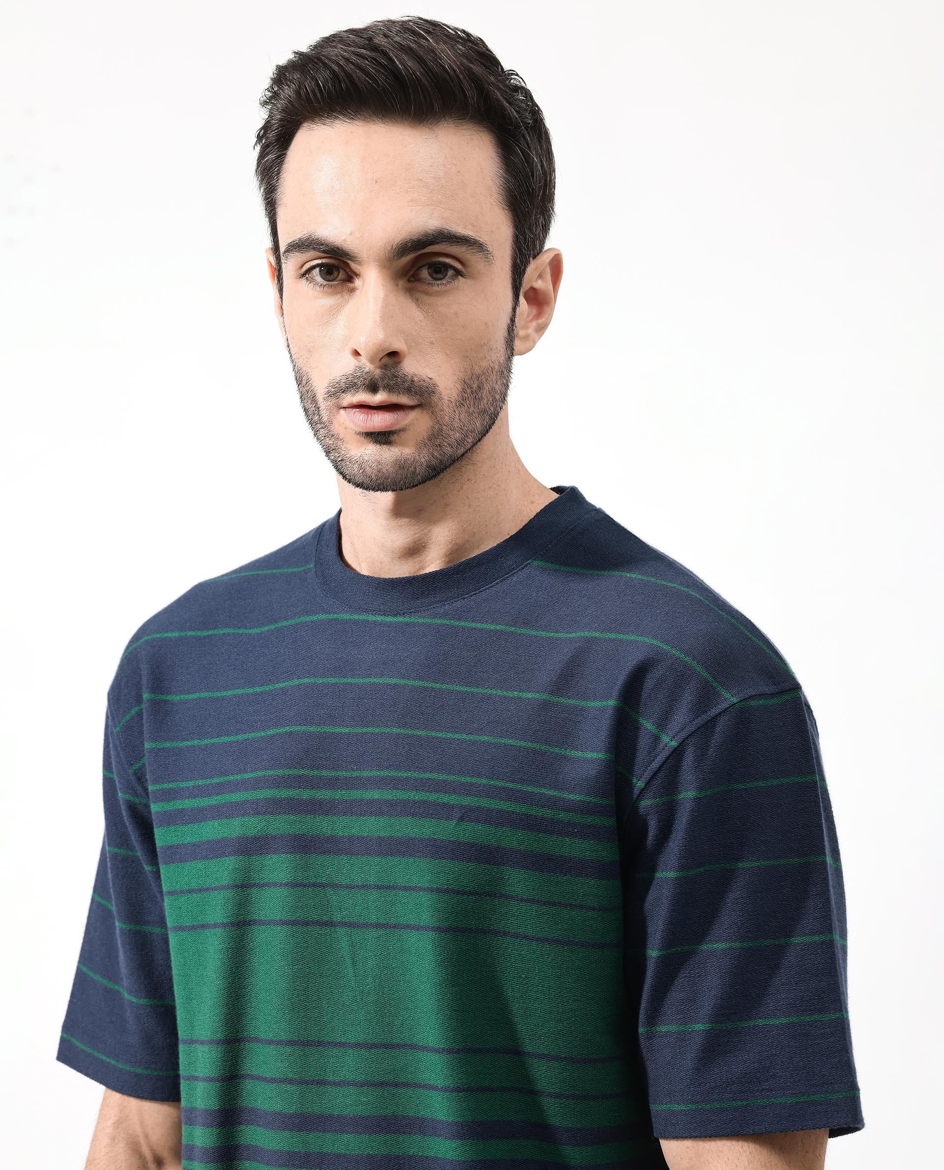 Rare Rabbit Mens Kot Navy Cotton Fabric Short Sleeves Oversized Fit Stripe T-Shirt