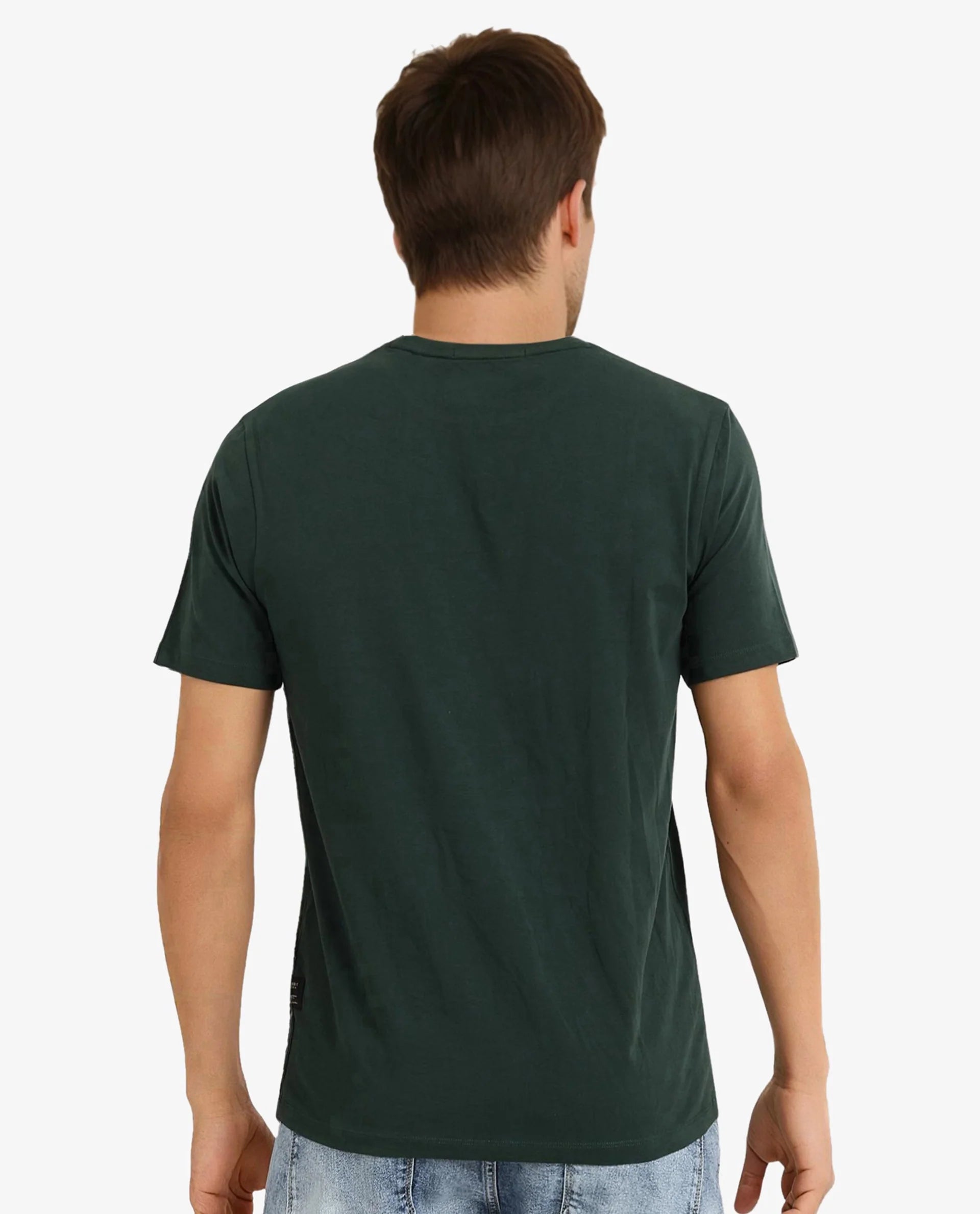 Rare Rabbit Men Kowl Dark Green Cotton Lycra Fabric Short Sleeve Crew Neck Regular Fit Graphic Print T-Shirt