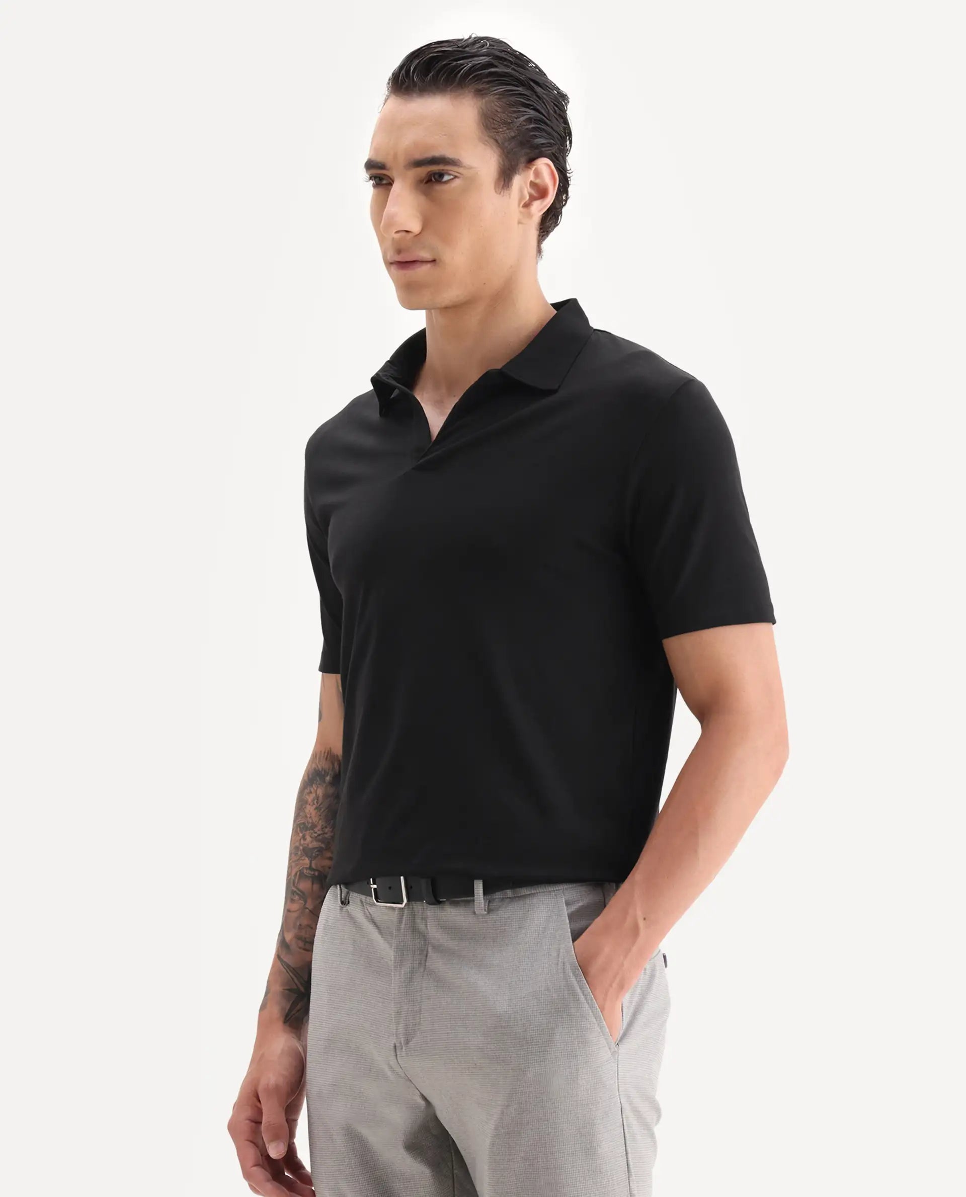 Rare Rabbit Men's Krib-1 Black Cotton Plain Regular Fit Half Sleeve Polo