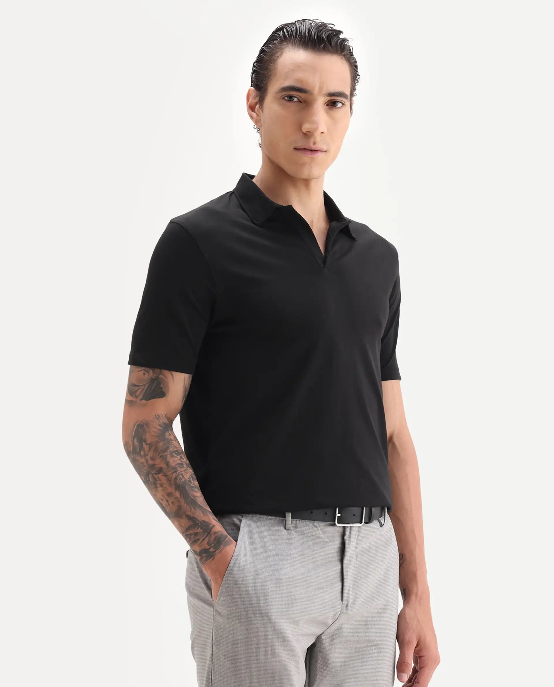 Rare Rabbit Men's Krib-1 Black Cotton Plain Regular Fit Half Sleeve Polo