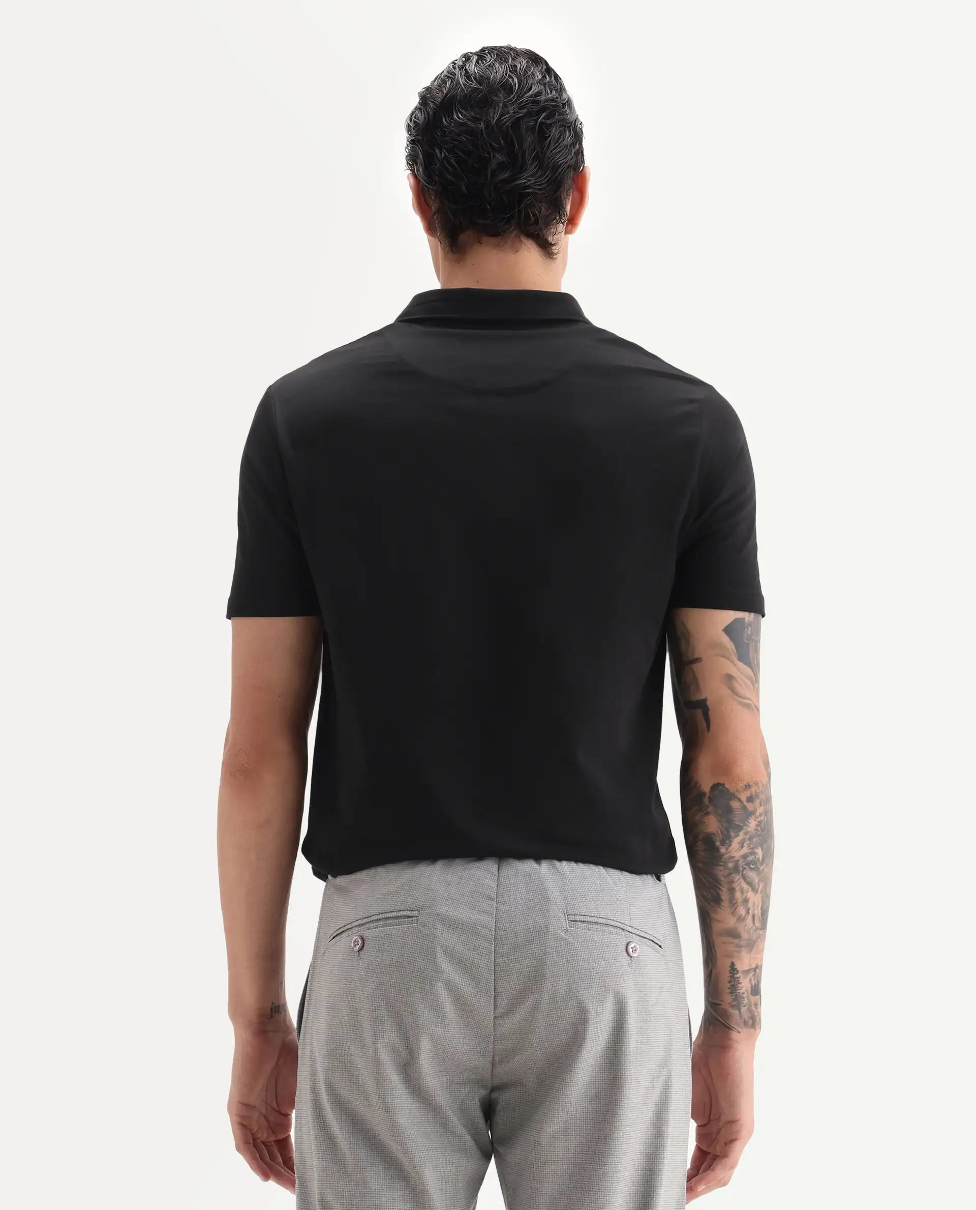 Rare Rabbit Men's Krib-1 Black Cotton Plain Regular Fit Half Sleeve Polo