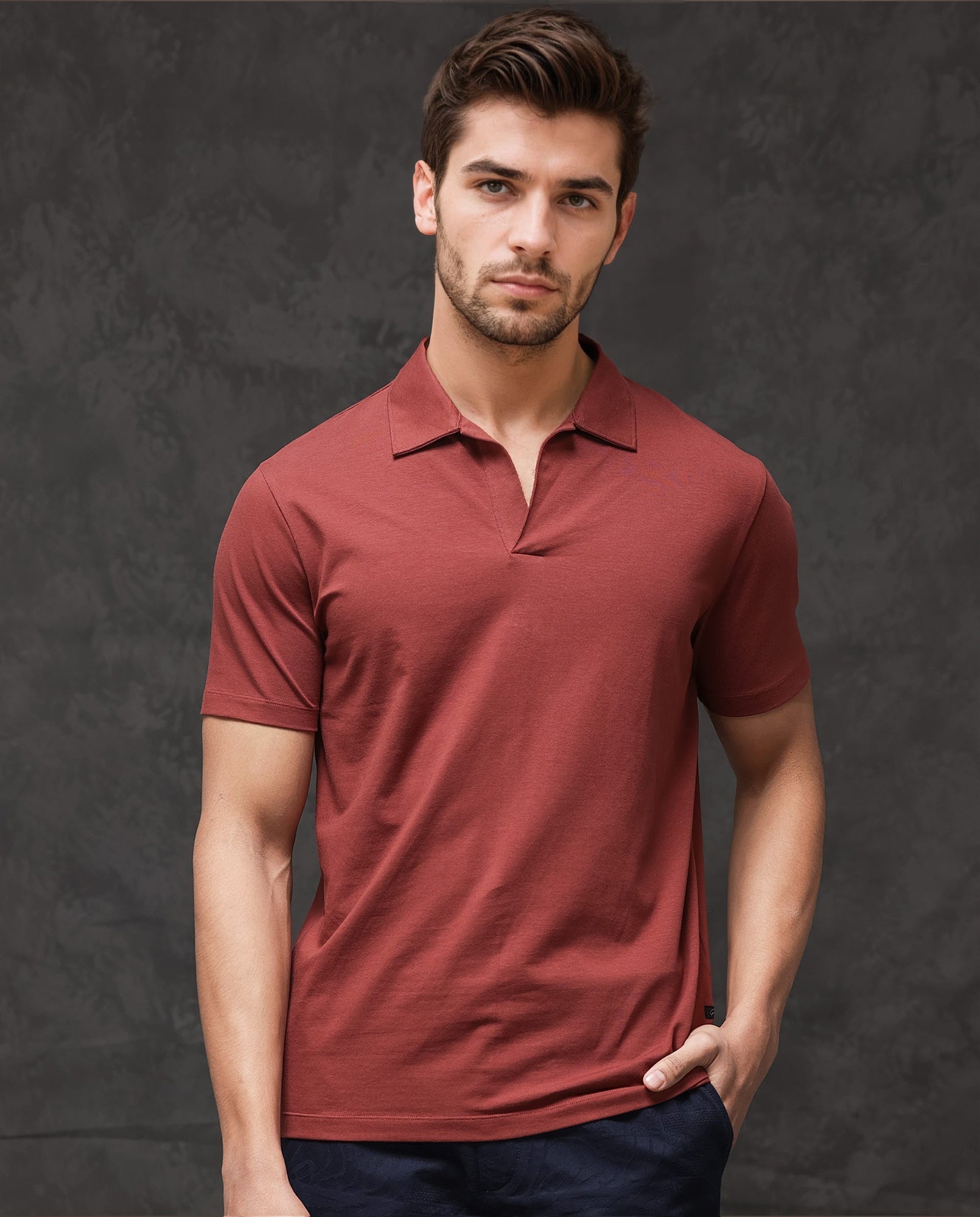 Rare Rabbit Mens Krib-2 Dusky Maroon Cotton Lycra Fabric Johnny Collar Half Sleeves Polo T-Shirt