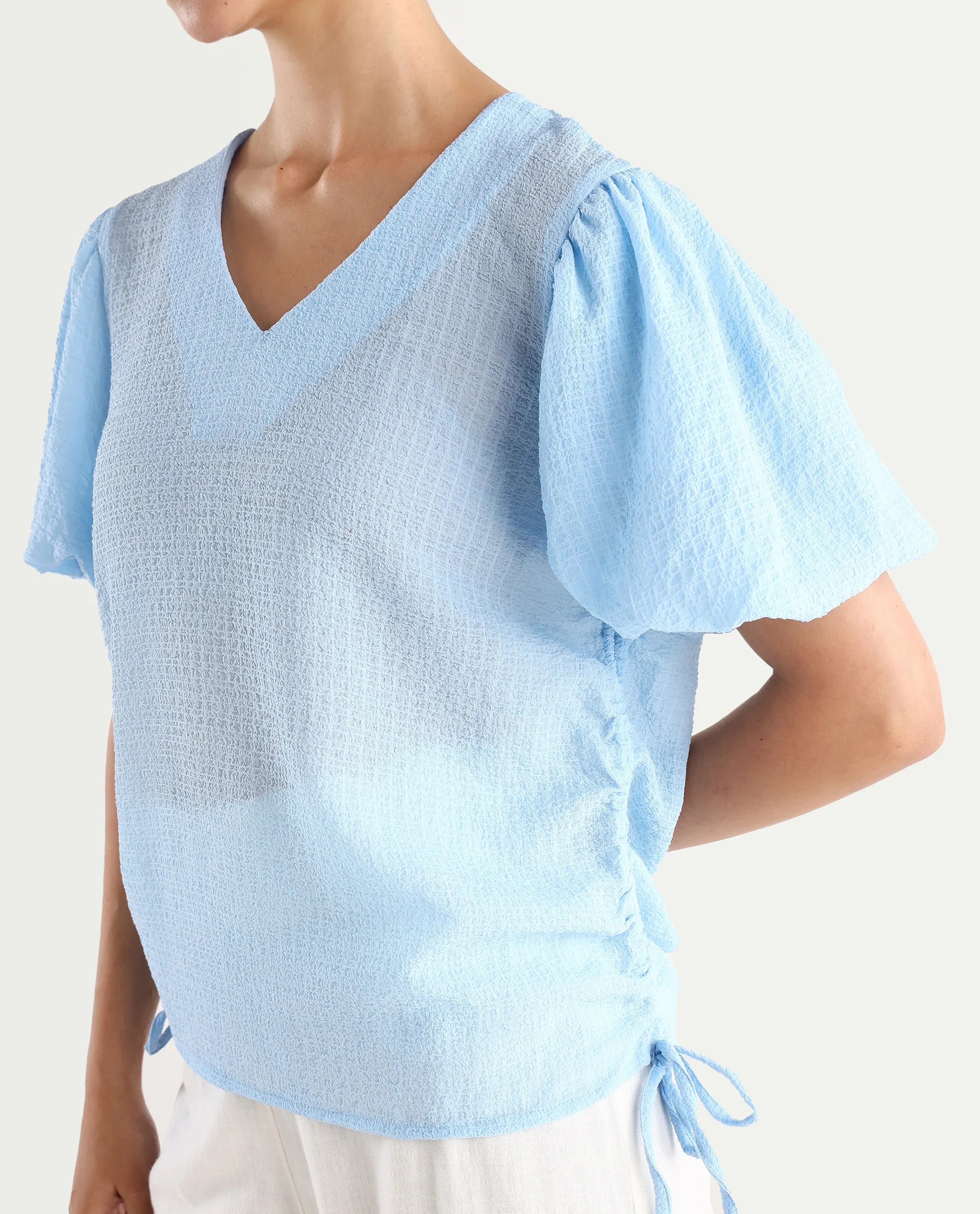 Rareism Women's Krien Light Blue Polyester V-Neck Plain Balloon Sleeve Regular Fit Top