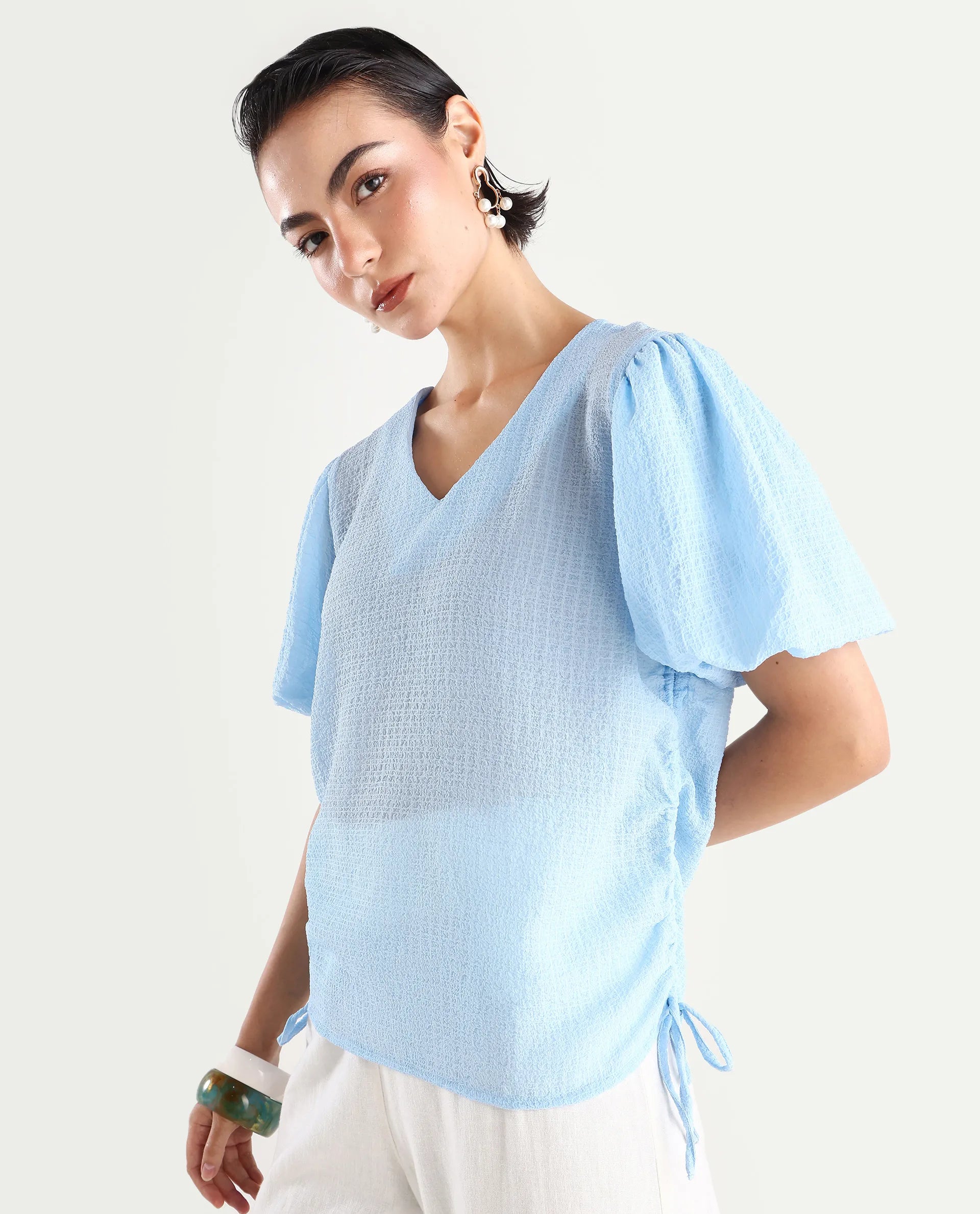 Rareism Women's Krien Light Blue Polyester V-Neck Plain Balloon Sleeve Regular Fit Top