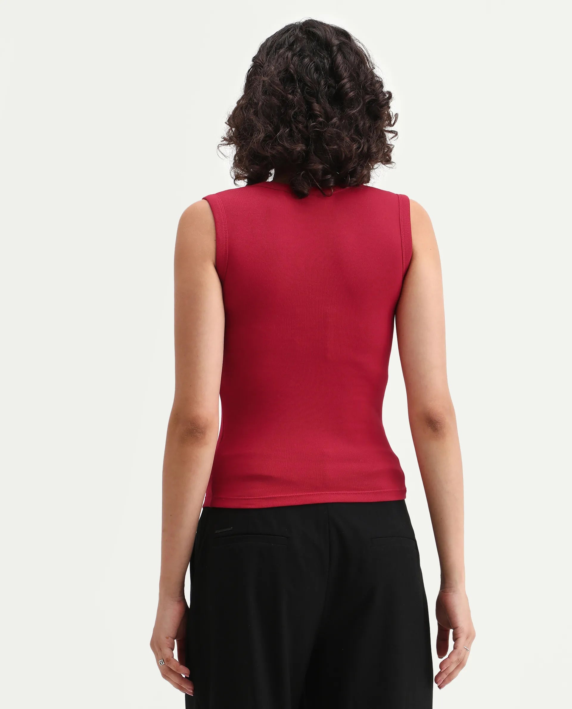 Rareism Women's Krip Red Cotton Boat Neck Plain Sleeveless Regular Fit T-Shirt