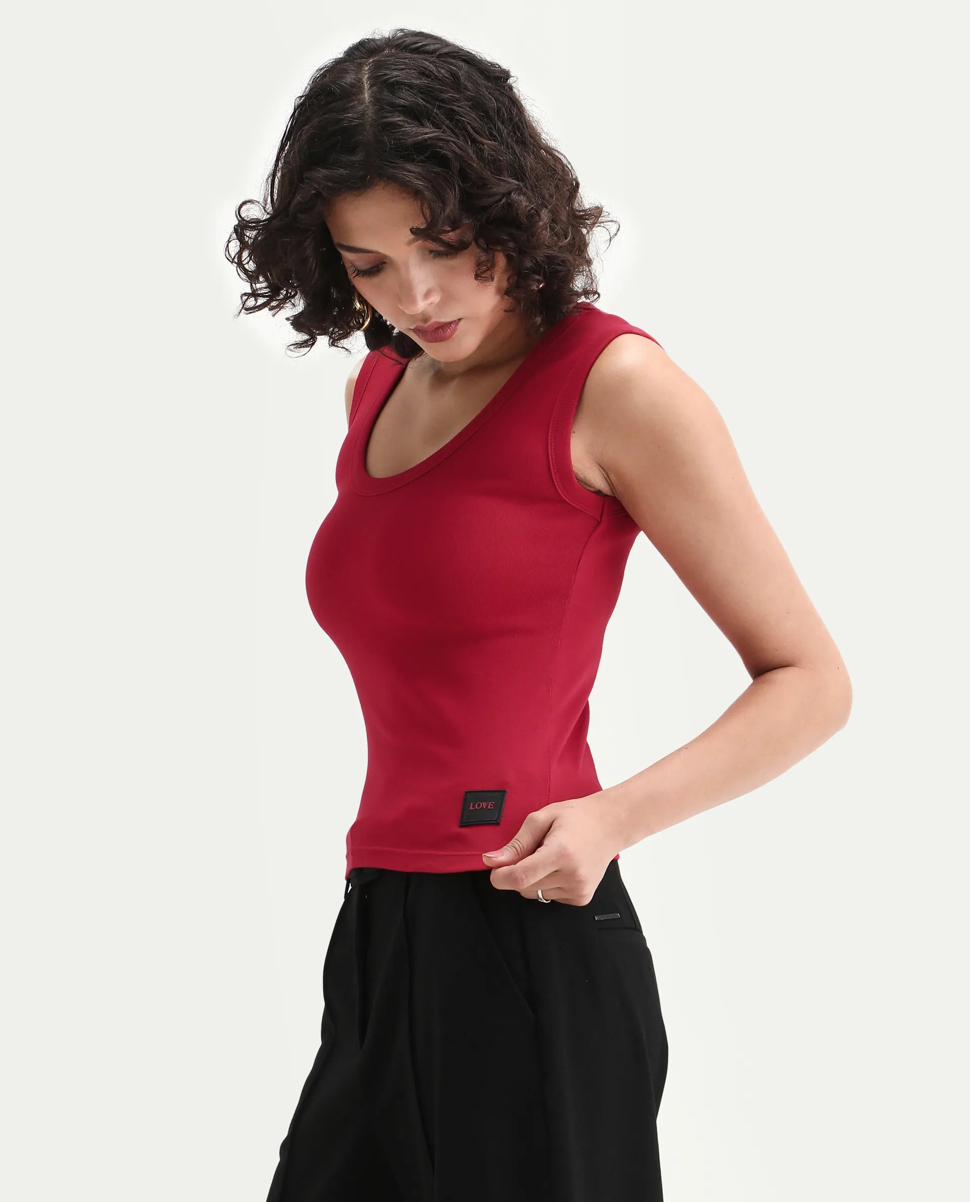 Rareism Women's Krip Red Cotton Boat Neck Plain Sleeveless Regular Fit T-Shirt