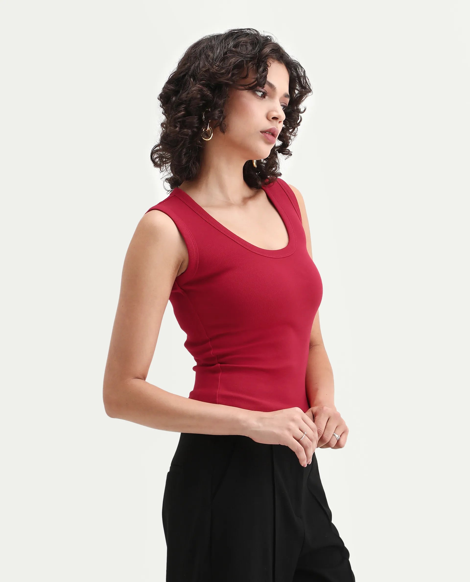 Rareism Women's Krip Red Cotton Boat Neck Plain Sleeveless Regular Fit T-Shirt