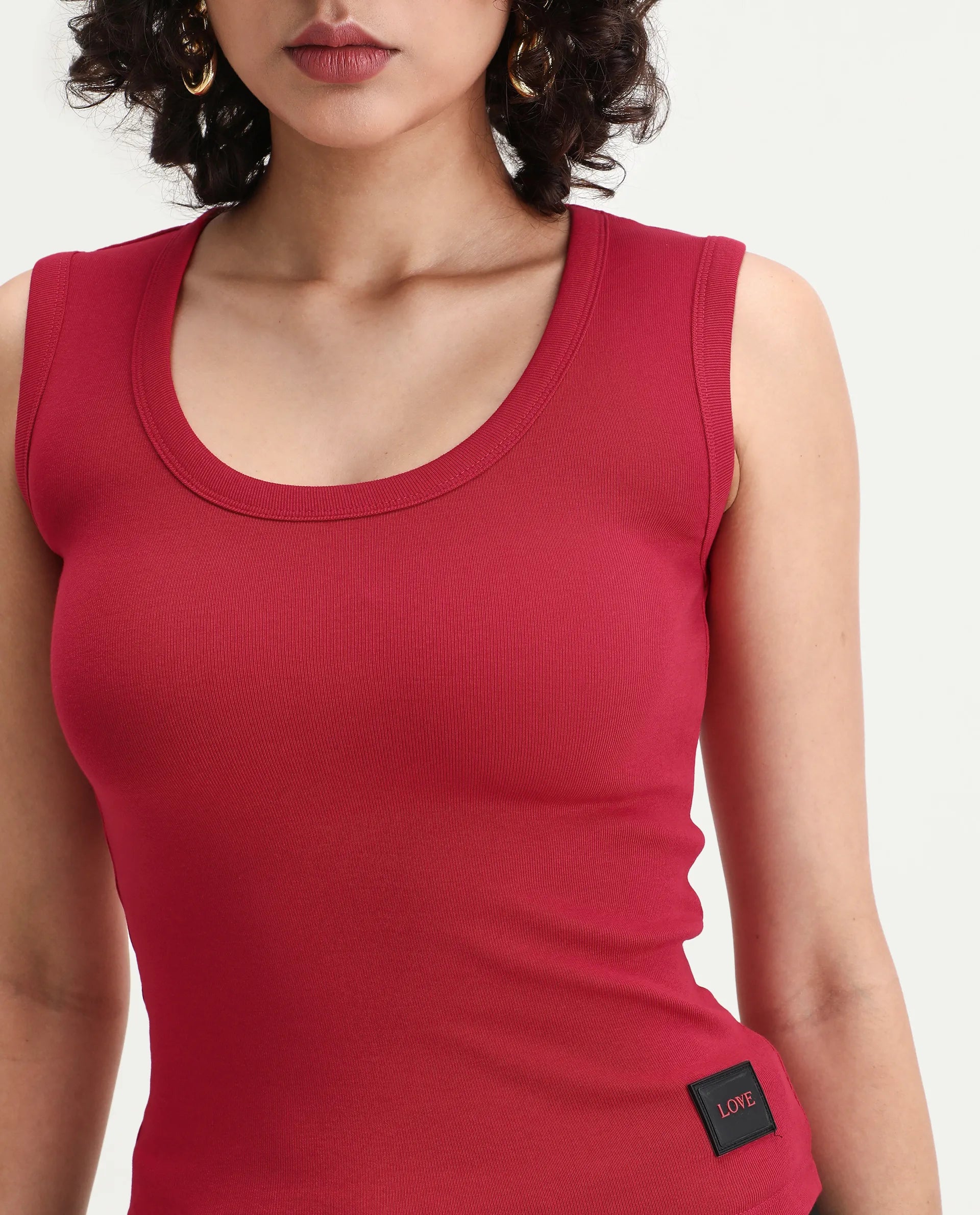 Rareism Women's Krip Red Cotton Boat Neck Plain Sleeveless Regular Fit T-Shirt