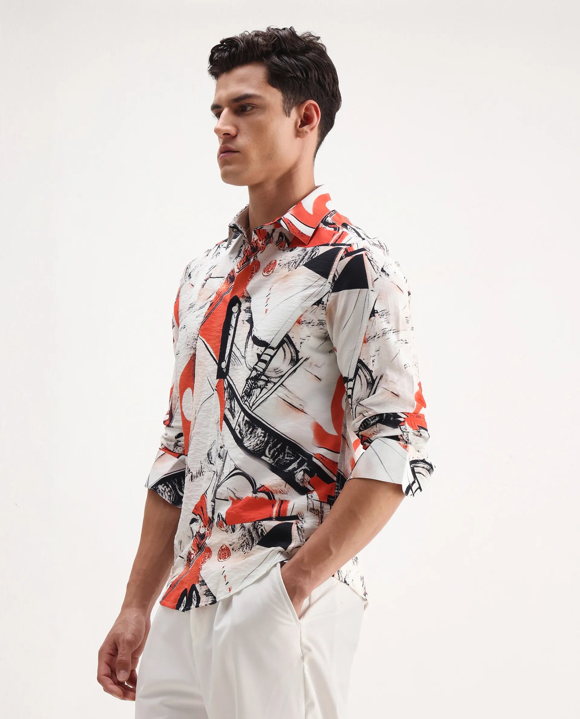 Rare Rabbit Men's Kufa White Viscose Blend Abstract Print Regular Fit Full Sleeve Collared Shirt