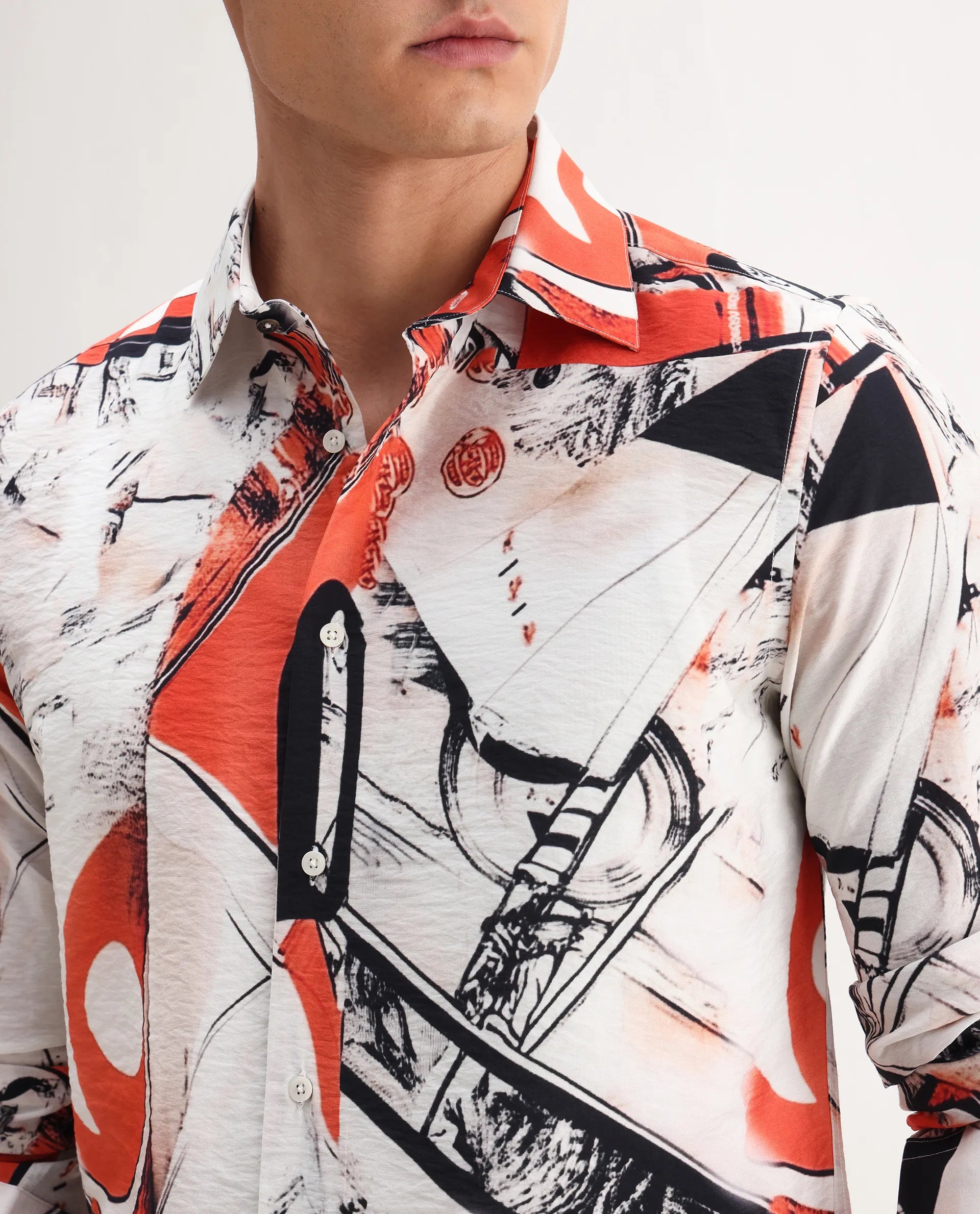 Rare Rabbit Men's Kufa White Viscose Blend Abstract Print Regular Fit Full Sleeve Collared Shirt