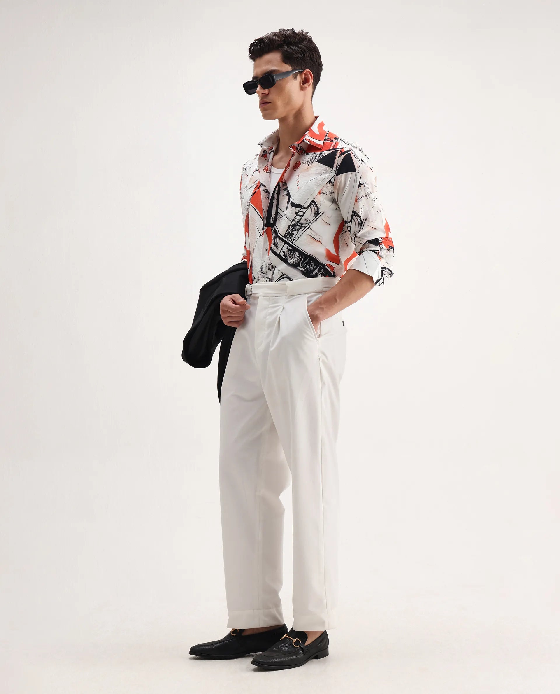 Rare Rabbit Men's Kufa White Viscose Blend Abstract Print Regular Fit Full Sleeve Collared Shirt