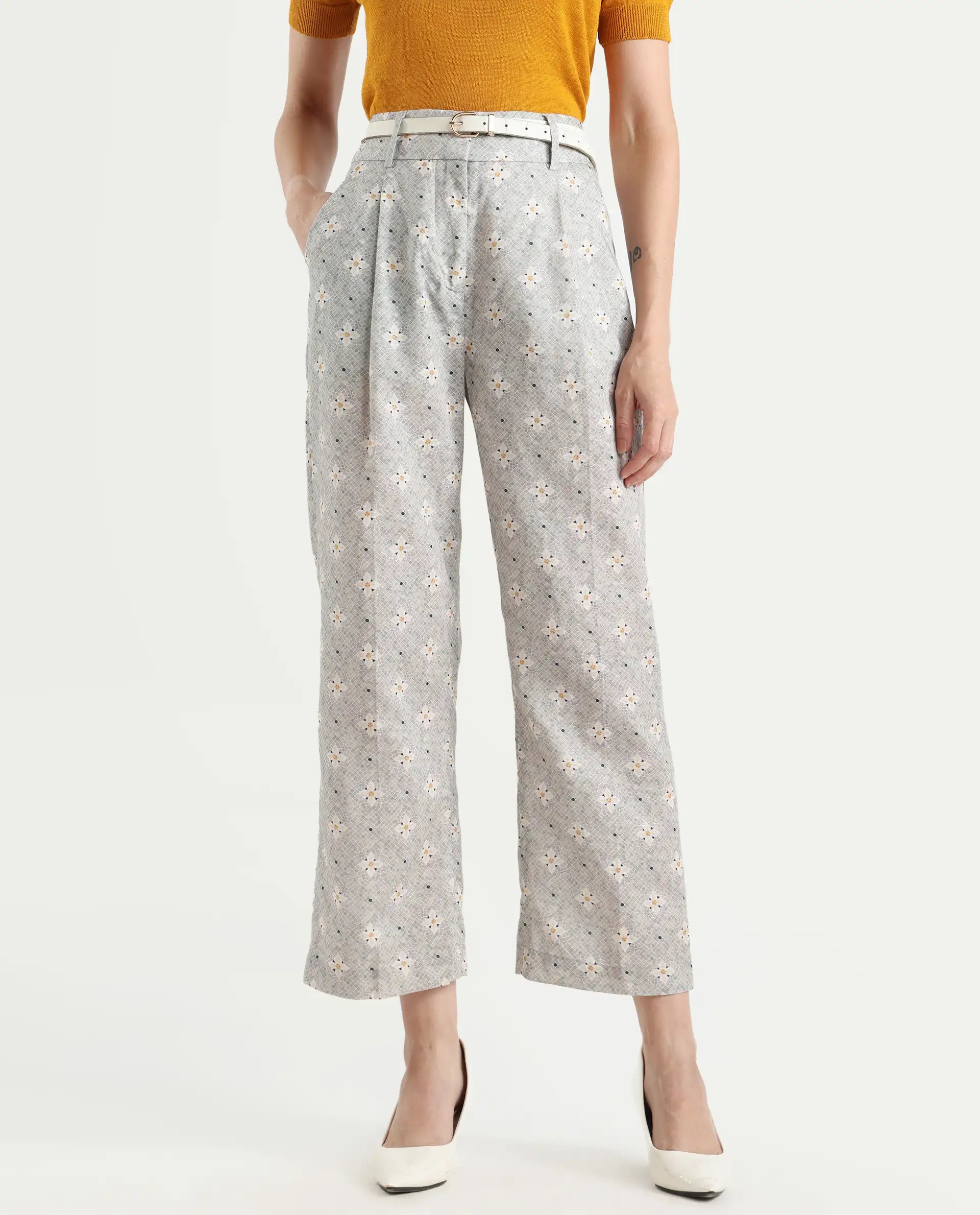 Rareism Women's Kuzal Light Grey Cotton Blend Floral Print Ankle Length Straight Fit Trouser