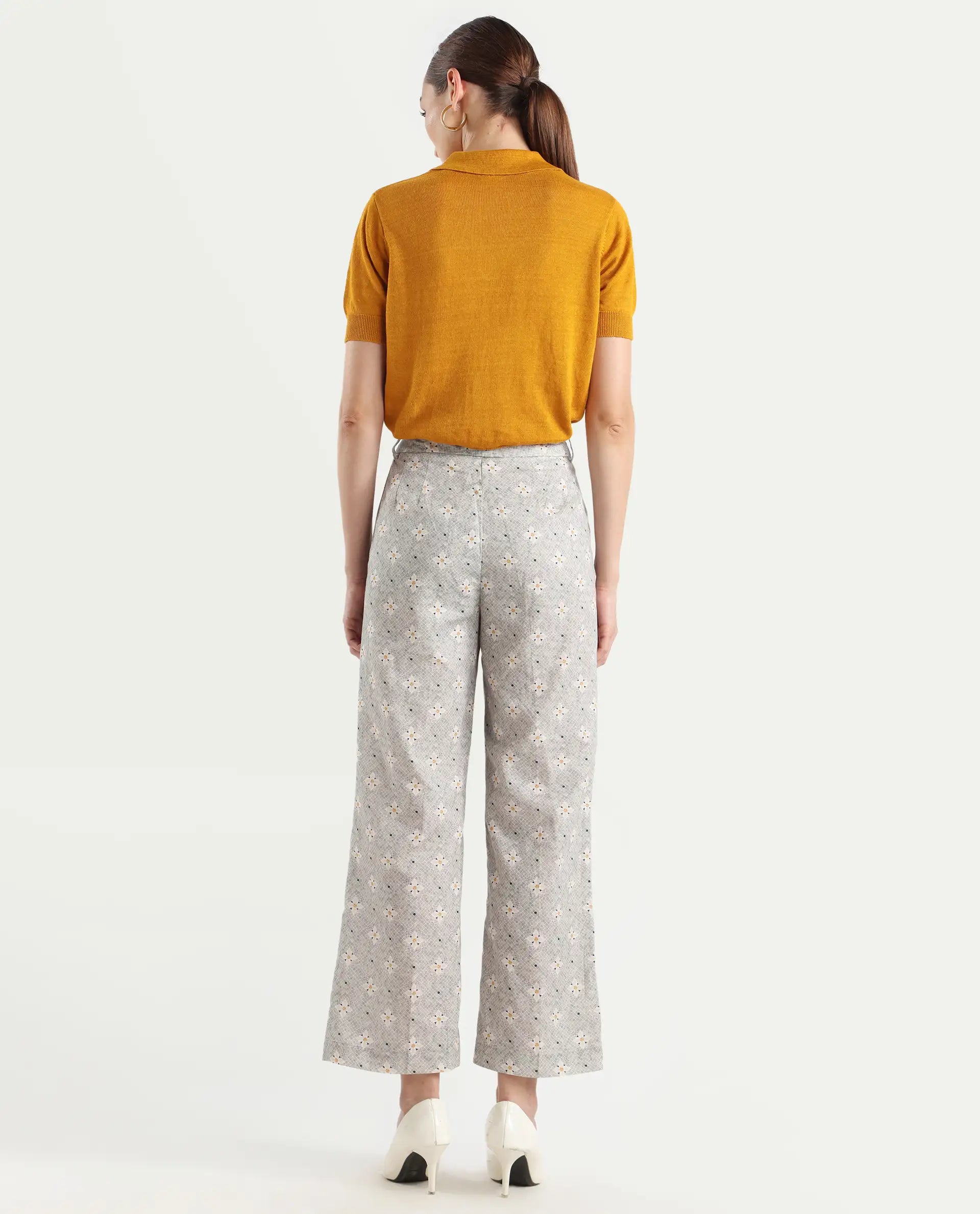 Rareism Women's Kuzal Light Grey Cotton Blend Floral Print Ankle Length Straight Fit Trouser