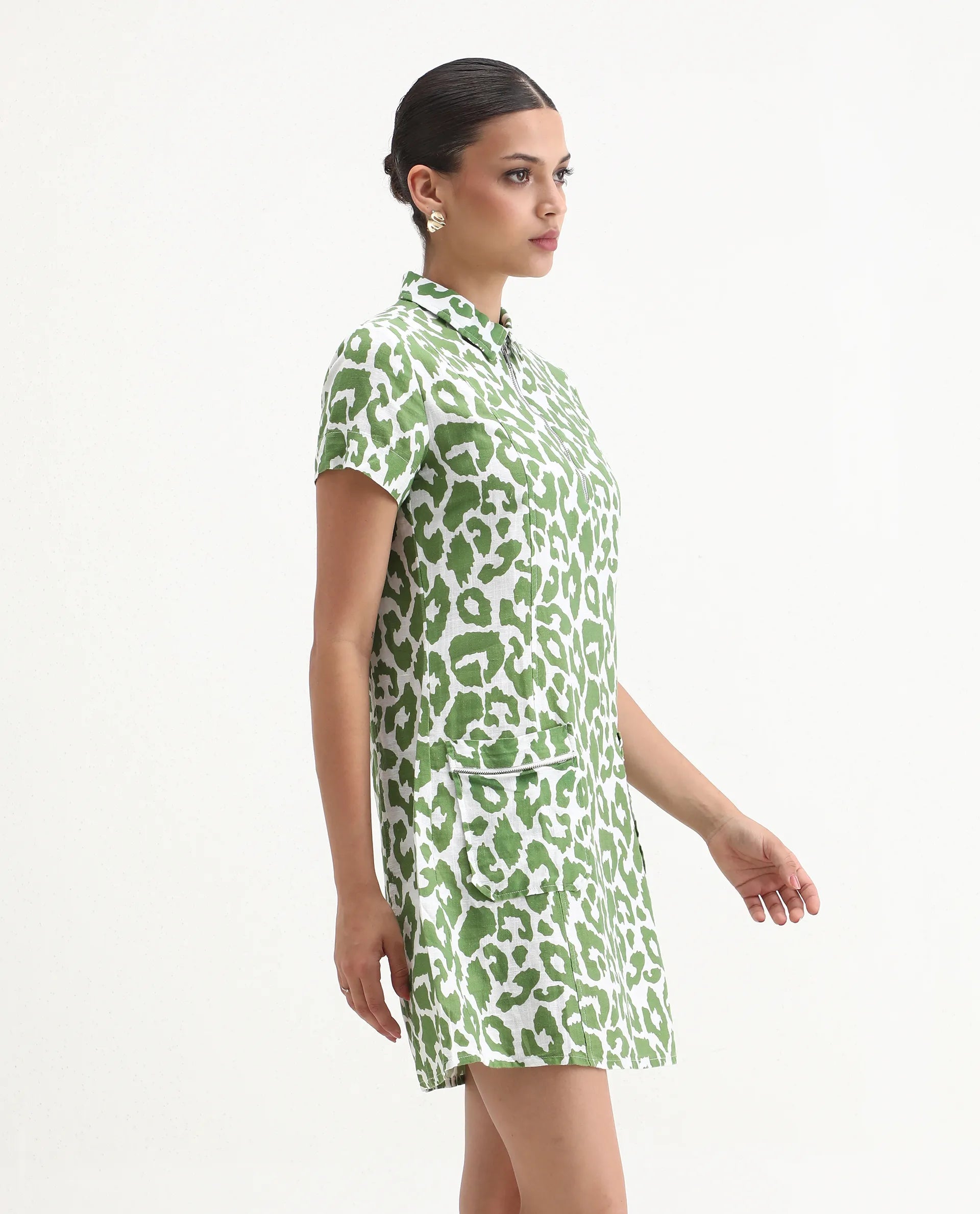 Rareism Women's Kyoti White Linen Spread Collar Abstract Print Regular Fit Dress