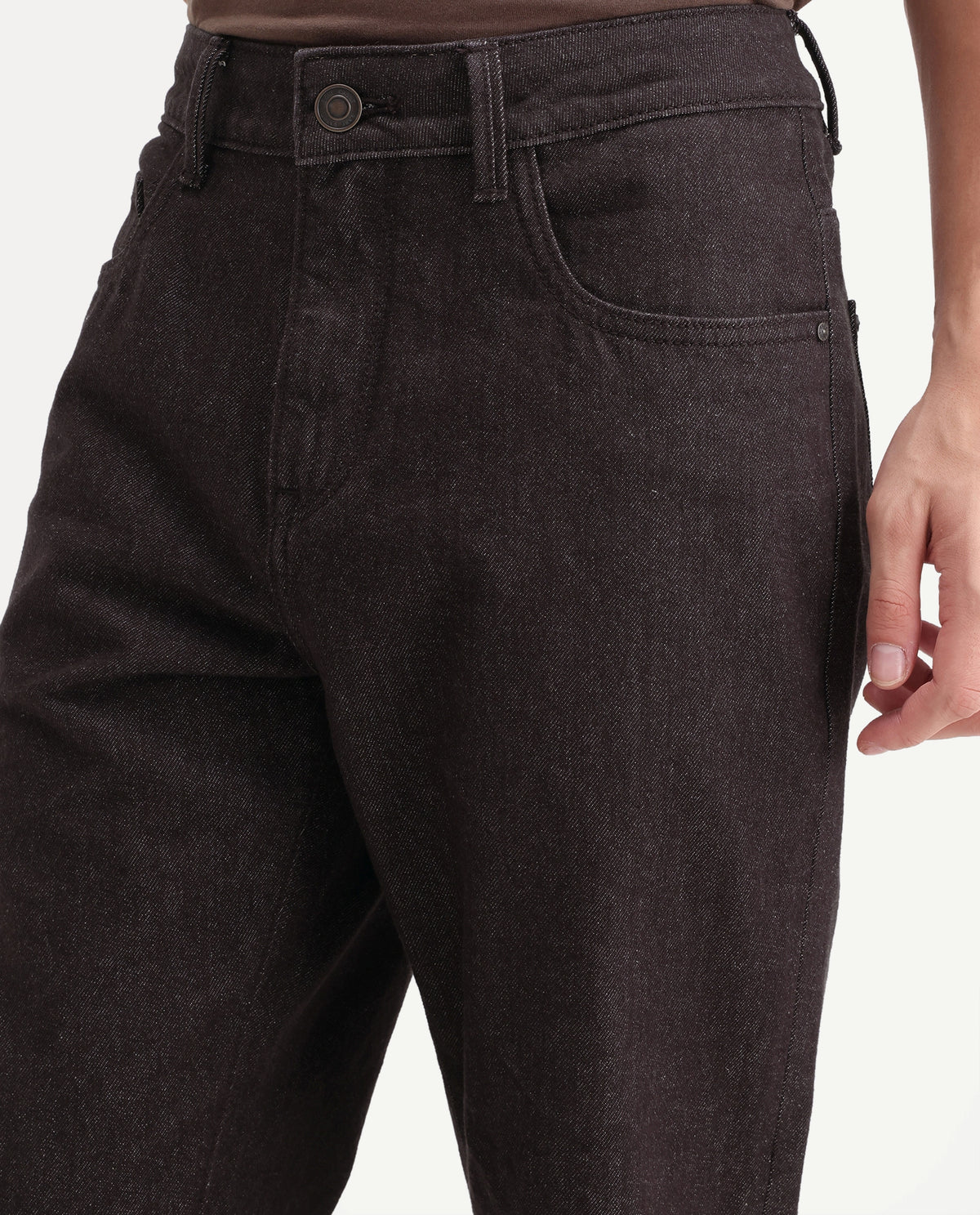 Rare Rabbit Men's Ladd Fluorescent Brown Cotton Kurt Carrot Plain Jeans