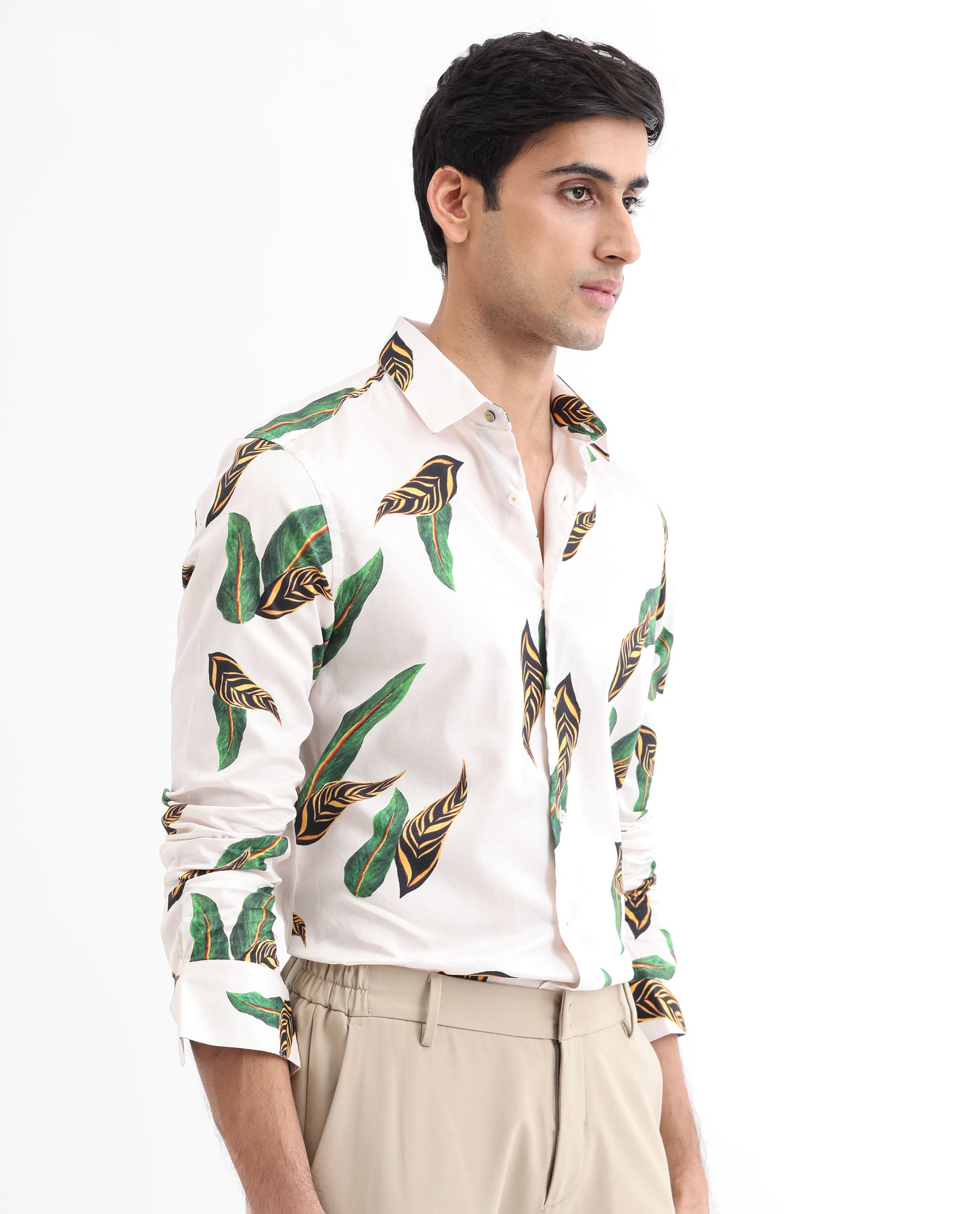 Rare Rabbit Men's Lafey Off White Cotton Fabric Tropical Print Full Sleeves Shirt