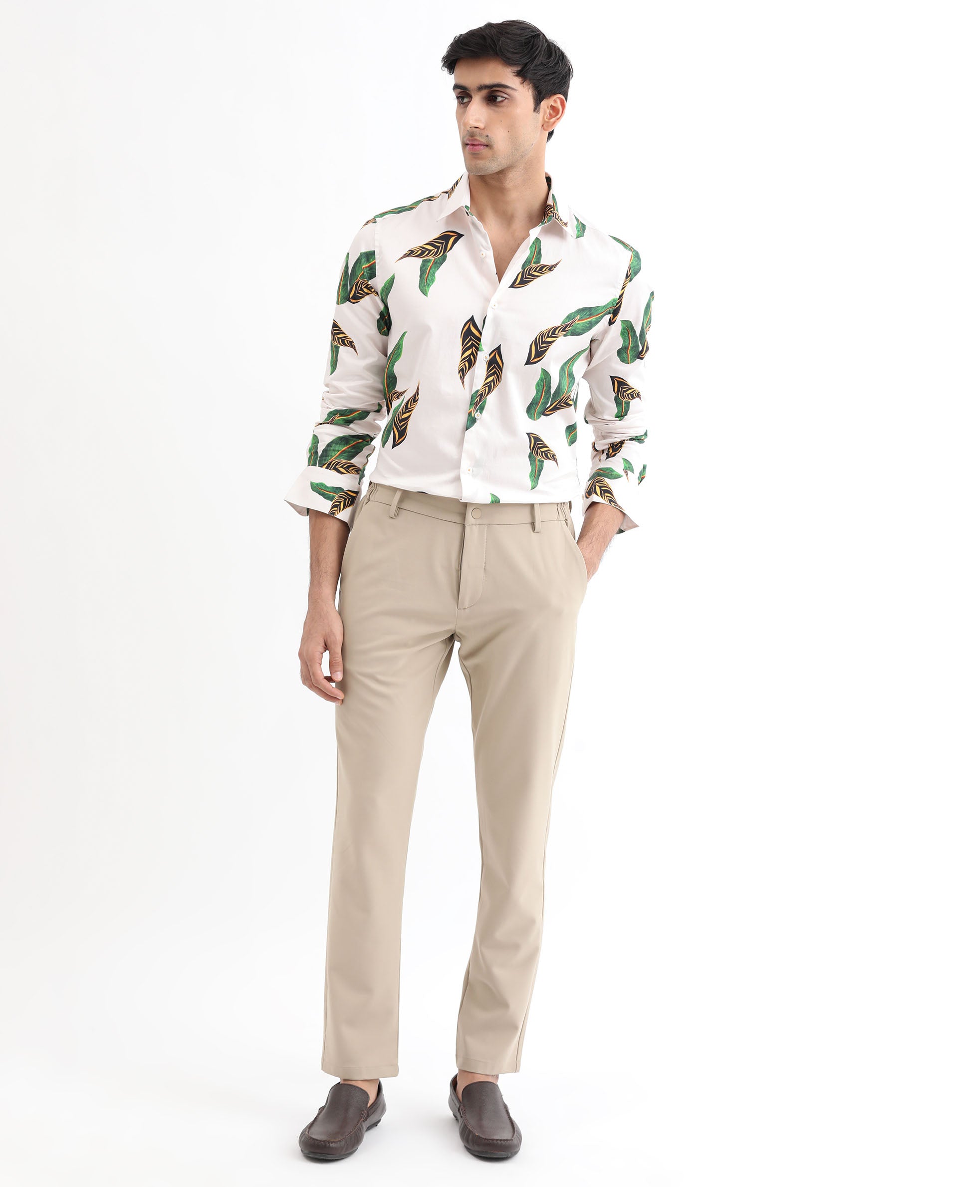 Rare Rabbit Men's Lafey Off White Cotton Fabric Tropical Print Full Sleeves Shirt