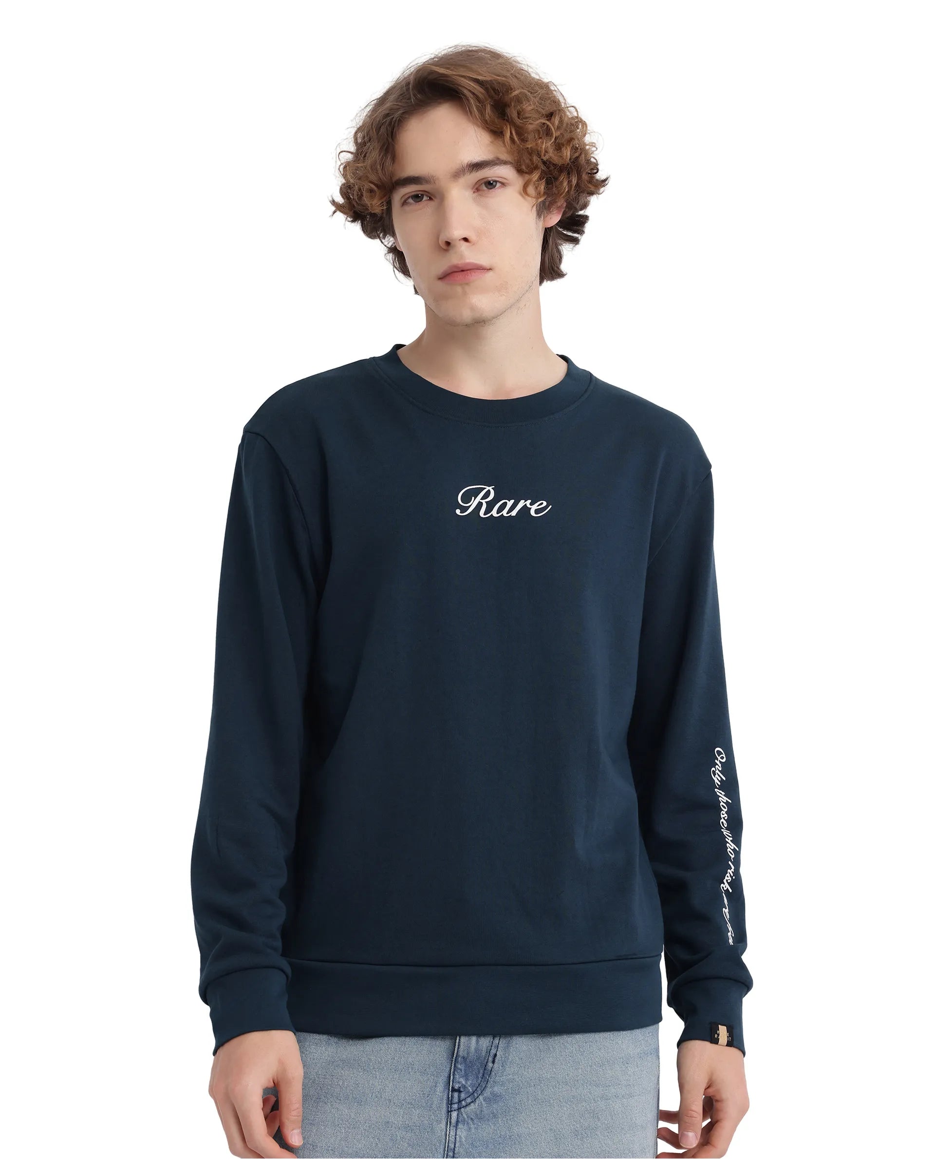 Rare Rabbit Men's Lain Petrol Cotton Blend Fabric Full Sleeve Crew Neck Boxy Fit Sweatshirt