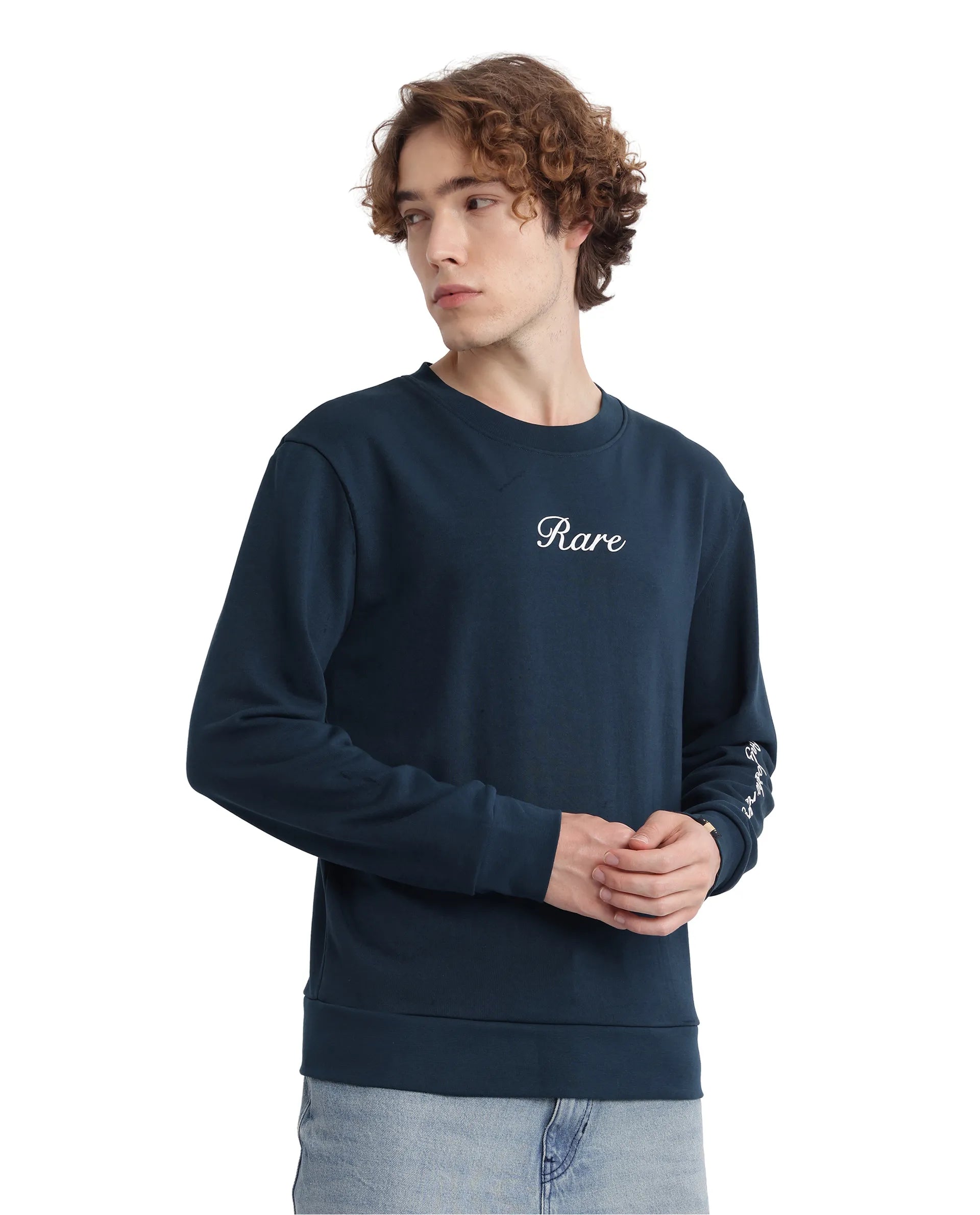 Rare Rabbit Men's Lain Petrol Cotton Blend Fabric Full Sleeve Crew Neck Boxy Fit Sweatshirt