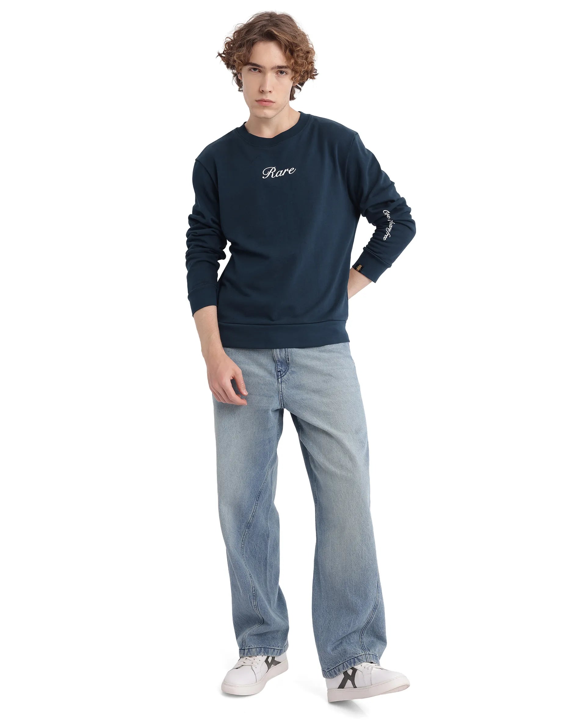 Rare Rabbit Men's Lain Petrol Cotton Blend Fabric Full Sleeve Crew Neck Boxy Fit Sweatshirt