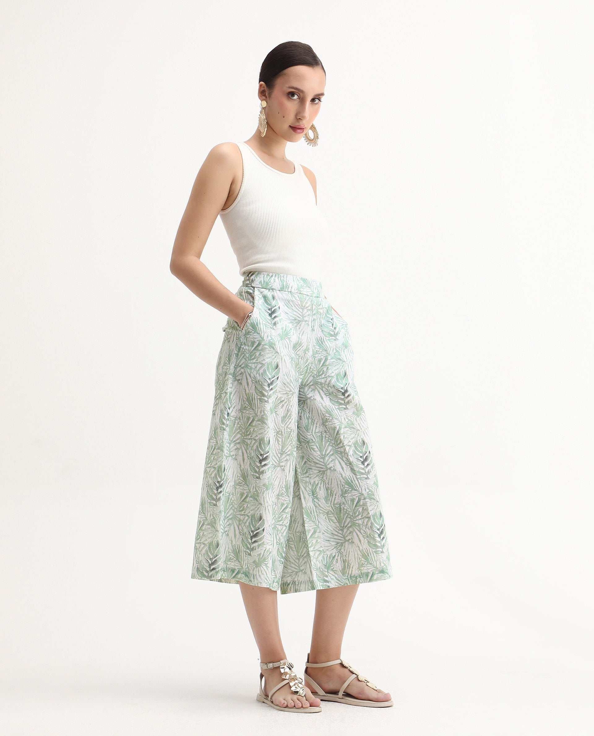 Rareism Women's Lakar Off White Linen Abstract Print Midi Flared Trouser