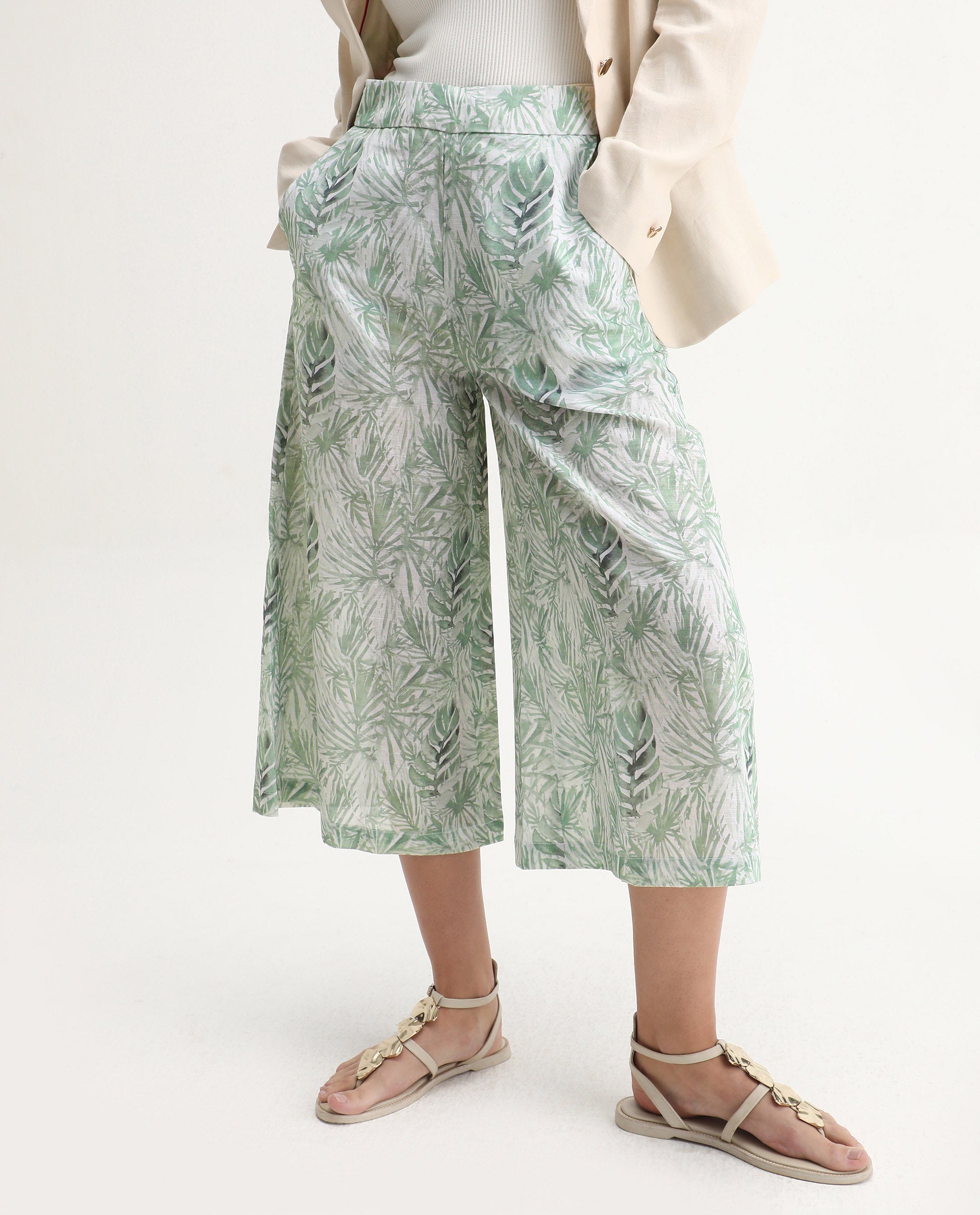 Rareism Women's Lakar Off White Linen Abstract Print Midi Flared Trouser