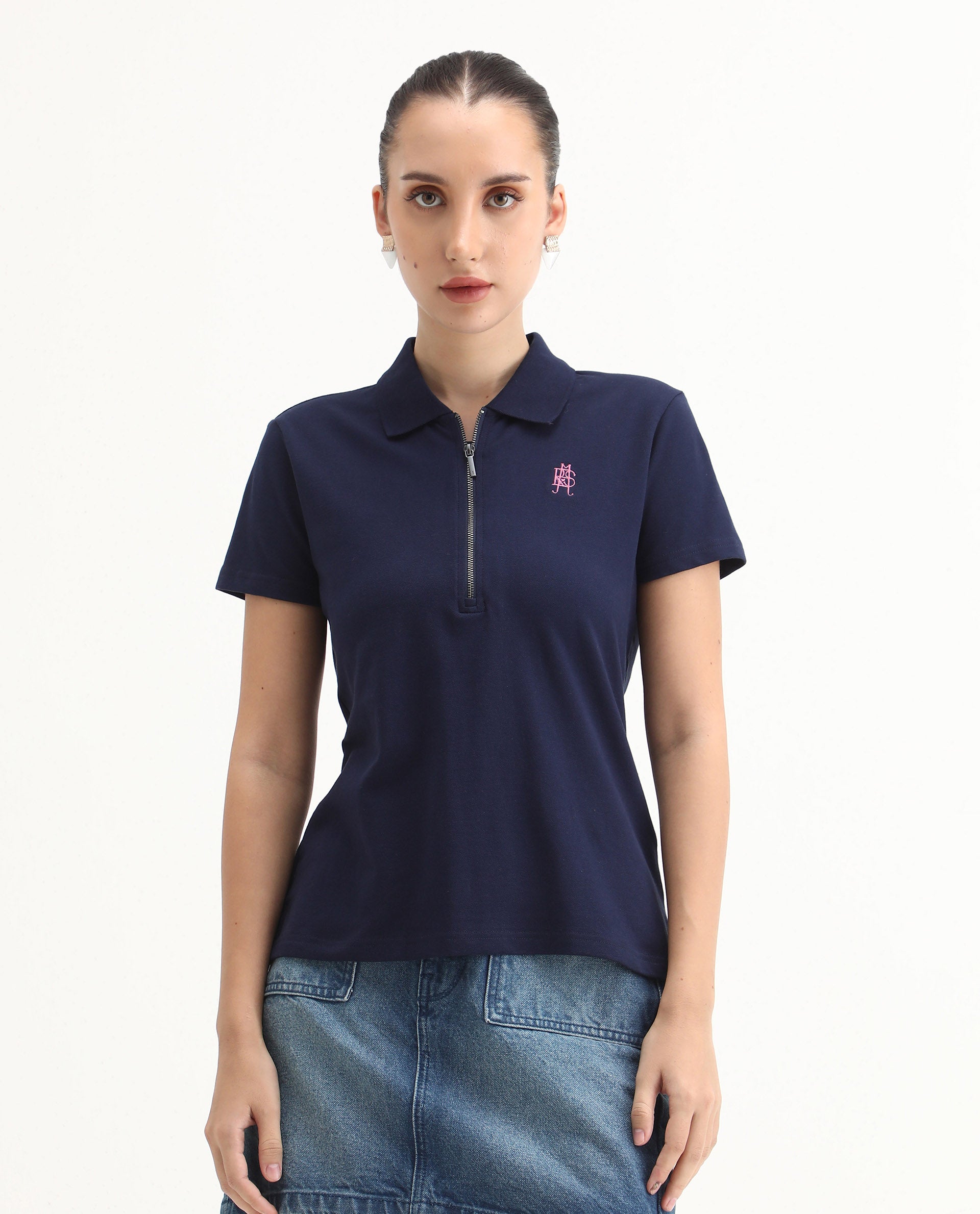 Rareism Women's Laken Navy Cotton Blend Polo Neck Plain Regular Fit Polo