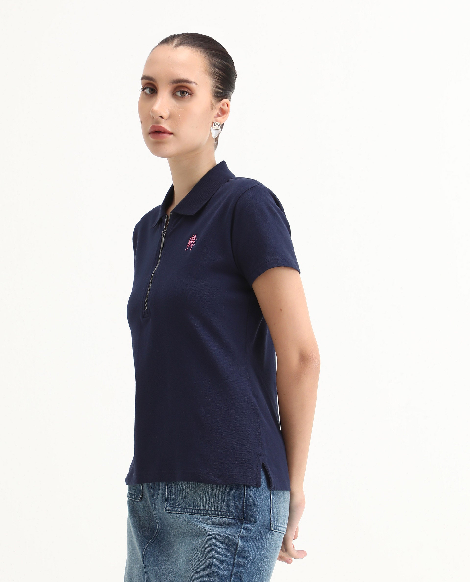 Rareism Women's Laken Navy Cotton Blend Polo Neck Plain Regular Fit Polo