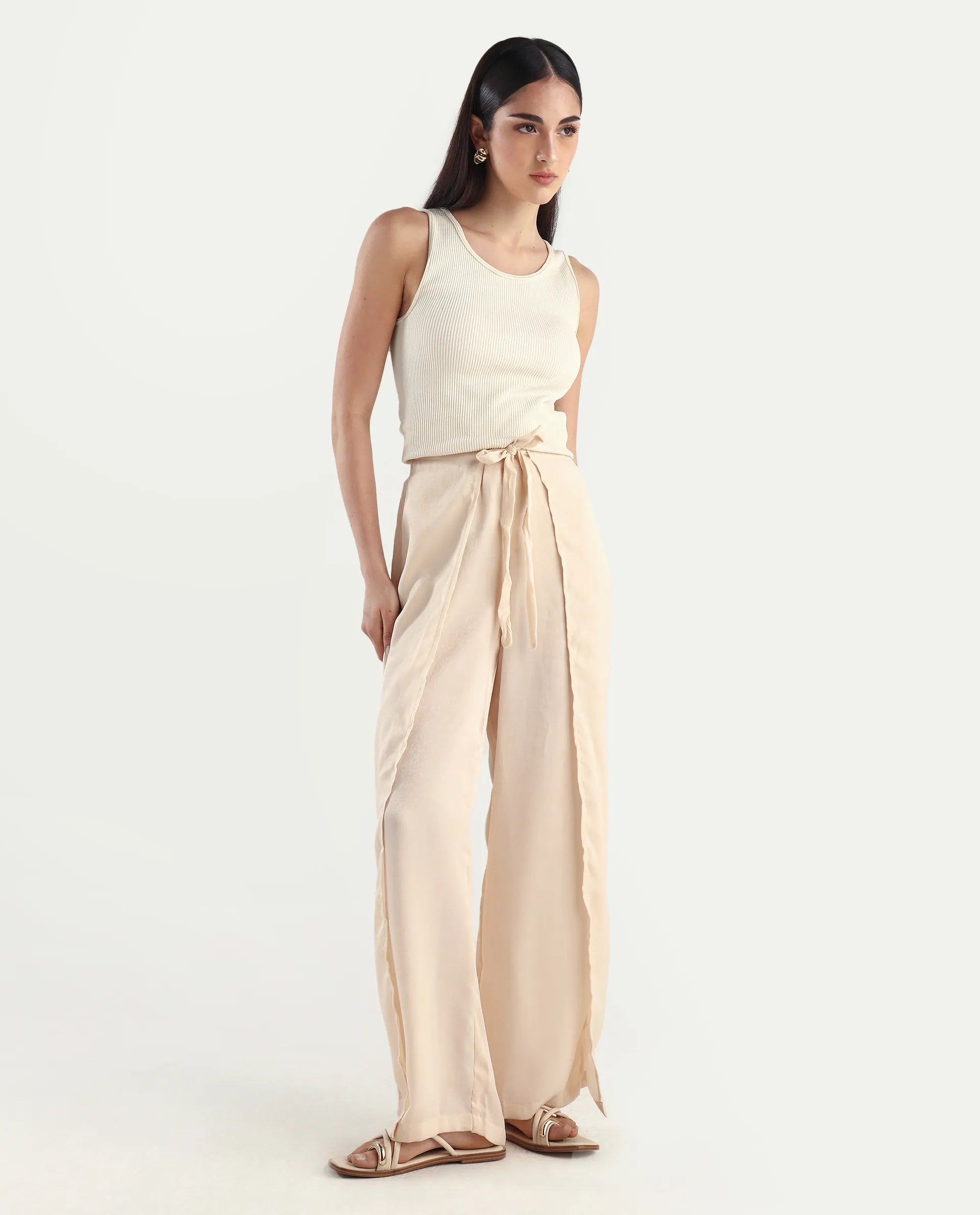 Rareism Women's Lamona B Beige Polyester Plain Ankle Length Wide Trouser