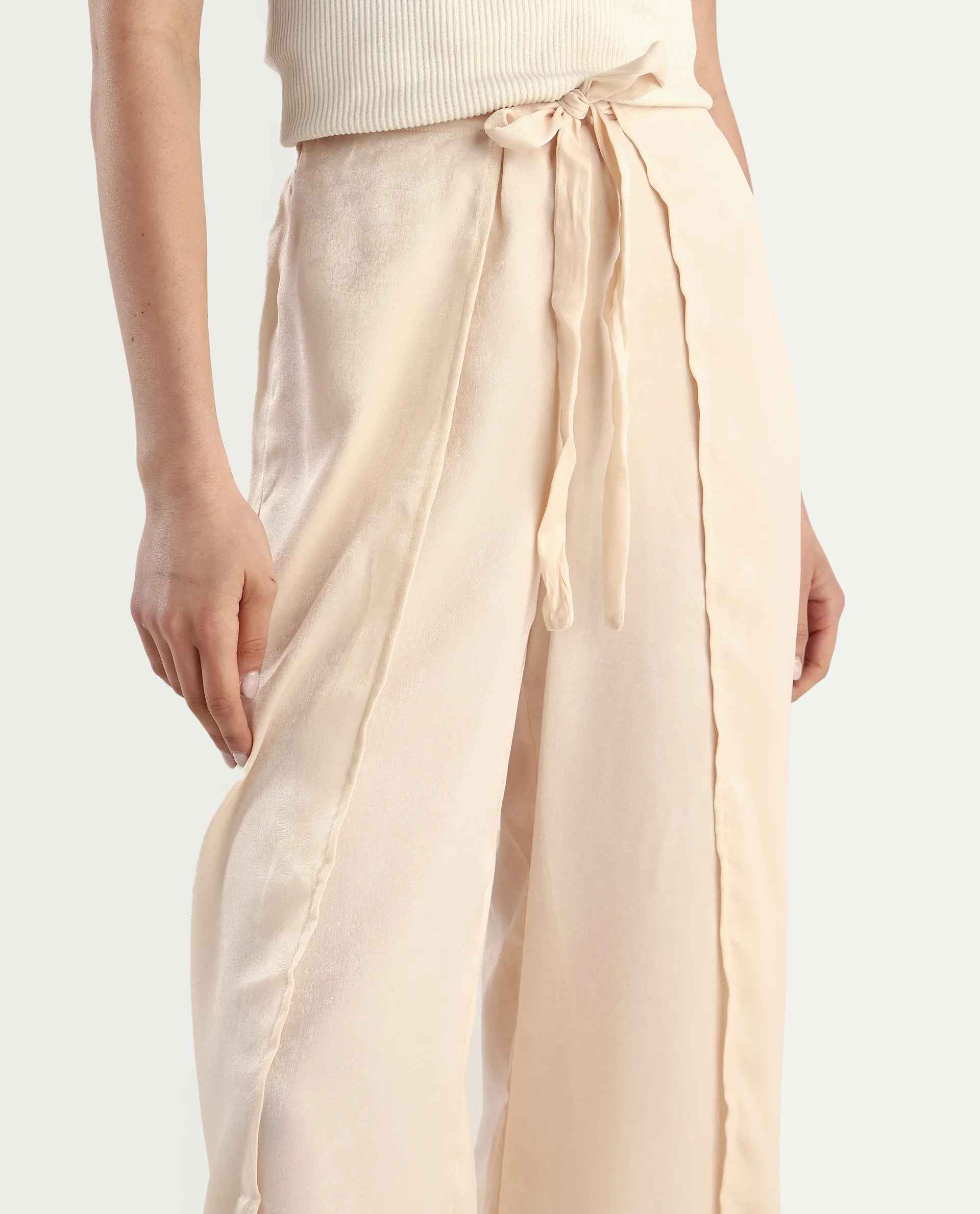 Rareism Women's Lamona B Beige Polyester Plain Ankle Length Wide Trouser