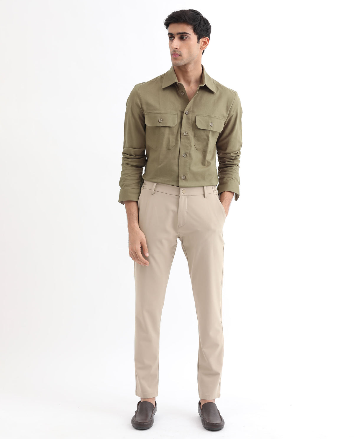 Rare Rabbit Men's Lampil Light Olive Cotton Fabric Full Sleeves Solid Shirt