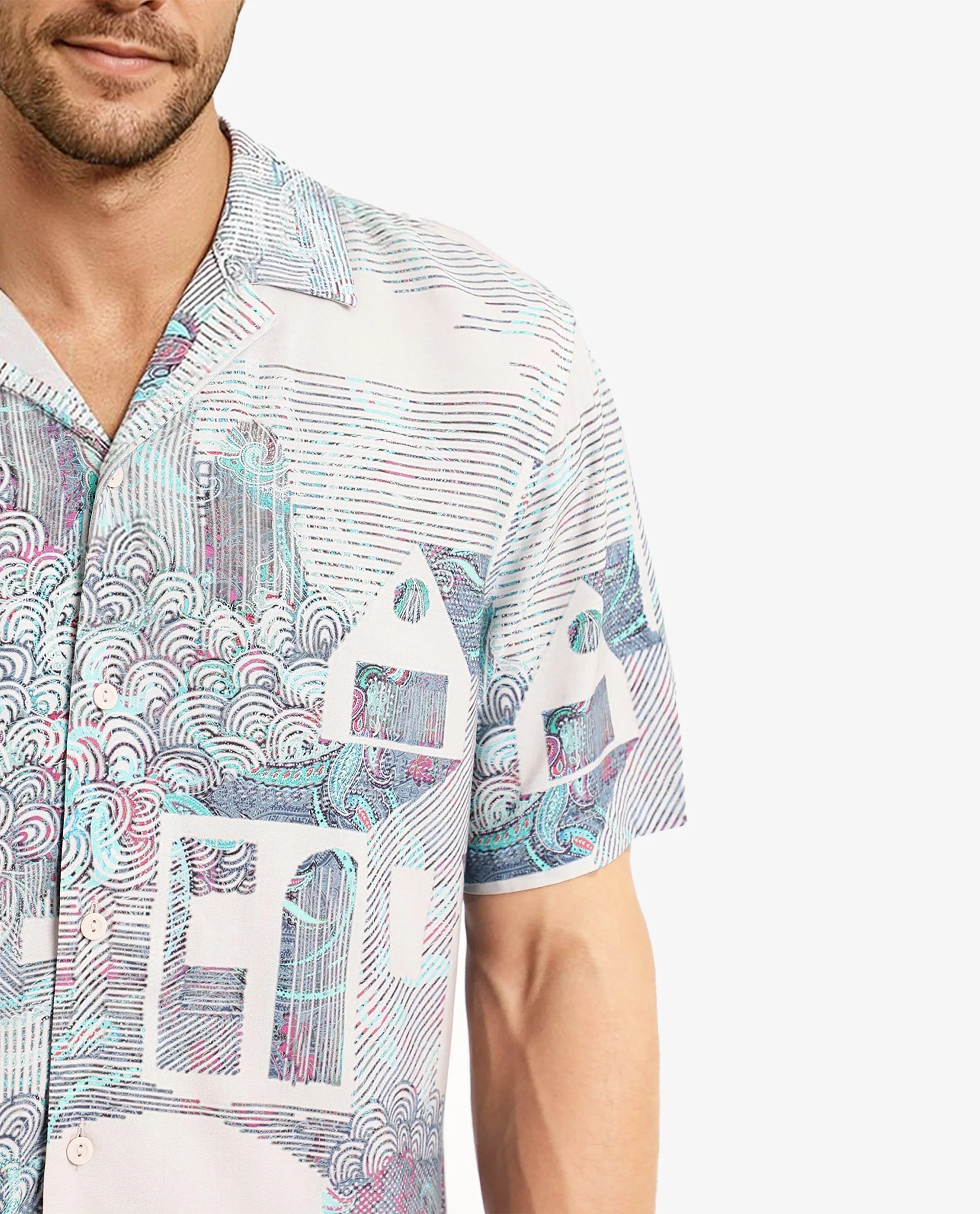 Rare Rabbit Men Lanco Pastel Pink Short Sleeve Cuban Collar Button Closure Boxy Fit Decorative Placement Print Shirt