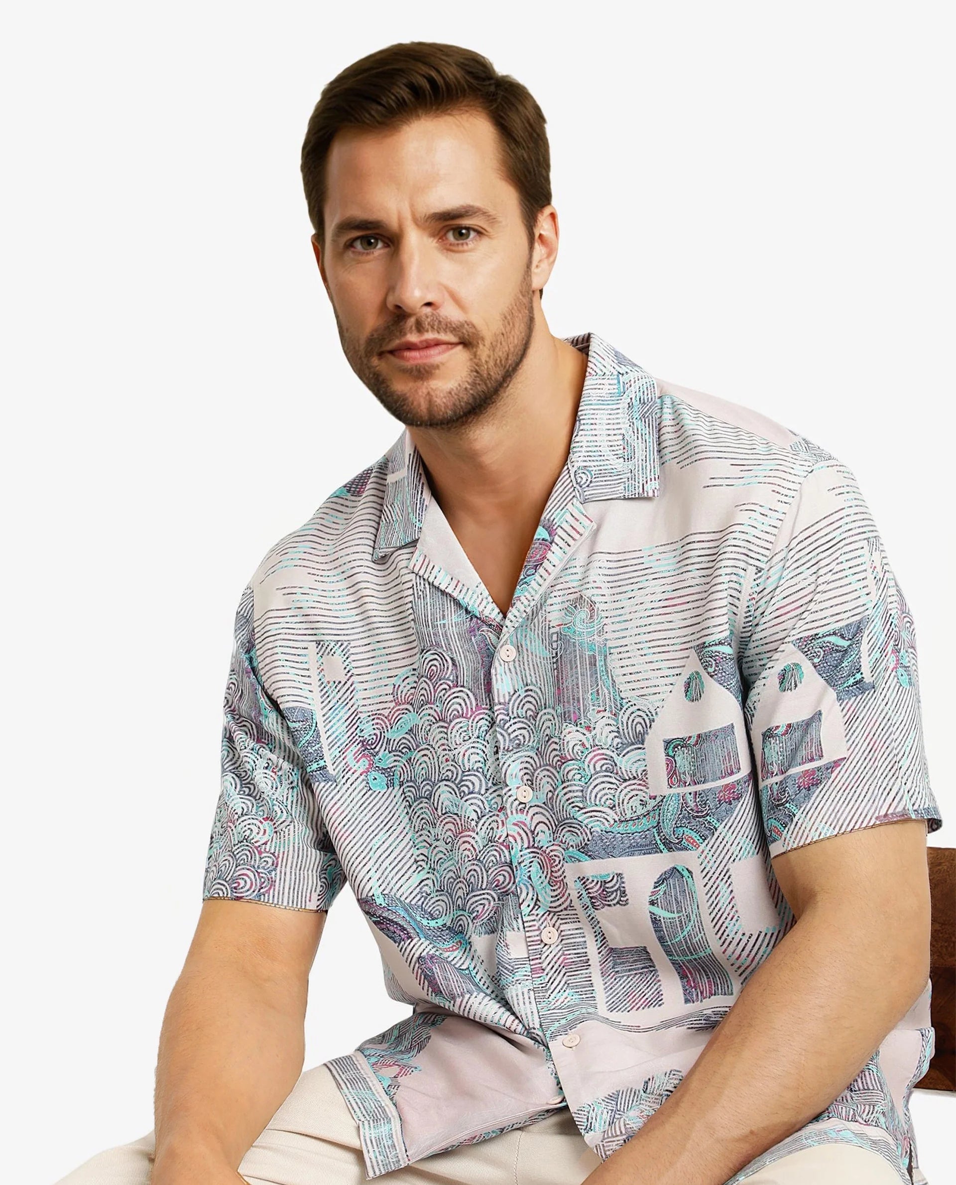 Rare Rabbit Men Lanco Pastel Pink Short Sleeve Cuban Collar Button Closure Boxy Fit Decorative Placement Print Shirt